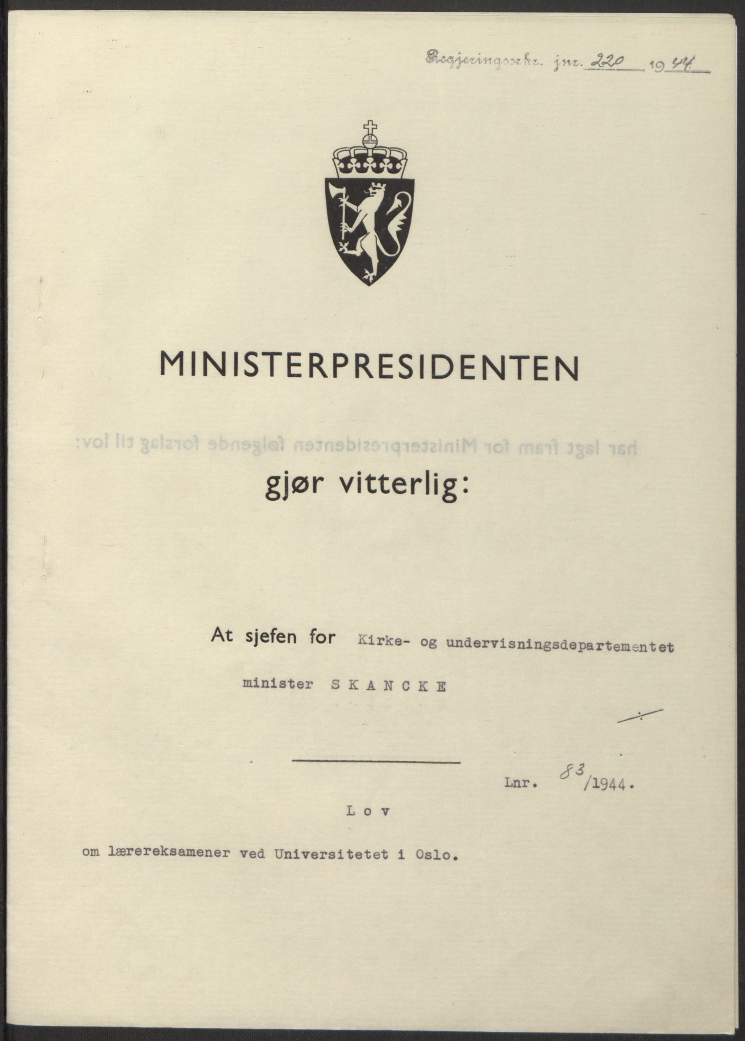 NS-administrasjonen 1940-1945 (Statsrådsekretariatet, de kommisariske statsråder mm), AV/RA-S-4279/D/Db/L0100: Lover, 1944, s. 390