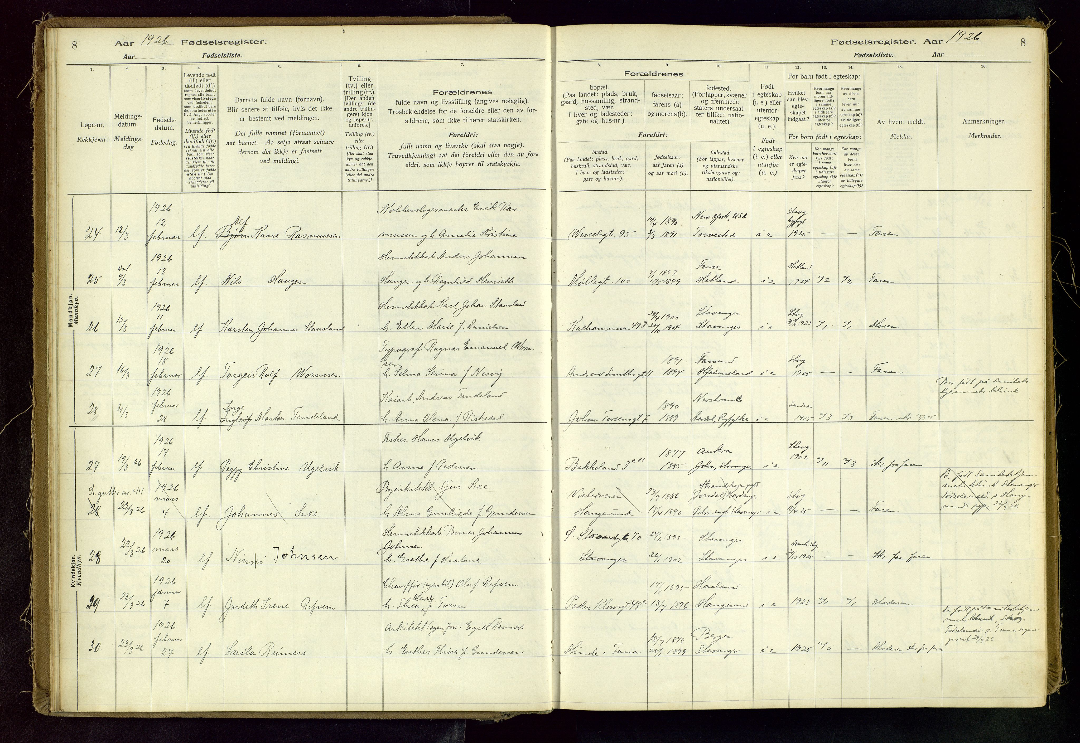 Domkirken sokneprestkontor, SAST/A-101812/002/A/L0001: Fødselsregister nr. 1, 1925-1932, s. 8