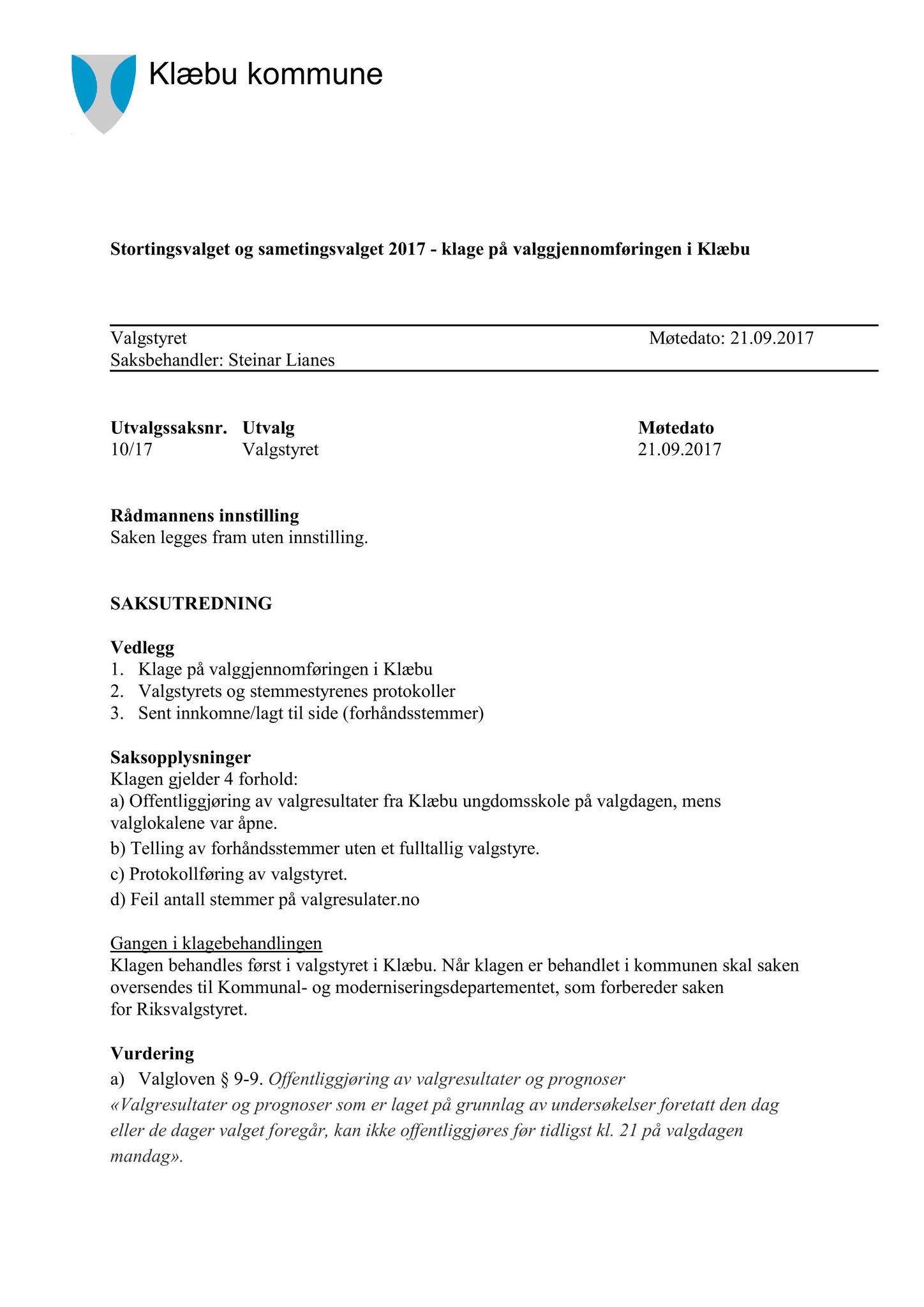 Klæbu Kommune, TRKO/KK/10-VS/L003: Valgnemnda - Møtedokumenter, 2017, s. 47