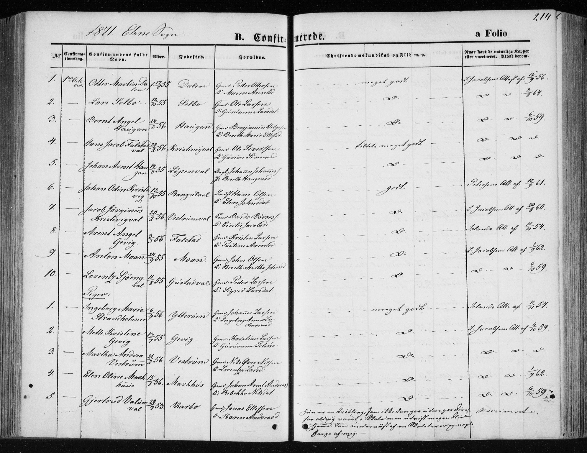 Ministerialprotokoller, klokkerbøker og fødselsregistre - Nord-Trøndelag, AV/SAT-A-1458/717/L0157: Ministerialbok nr. 717A08 /1, 1863-1877, s. 214