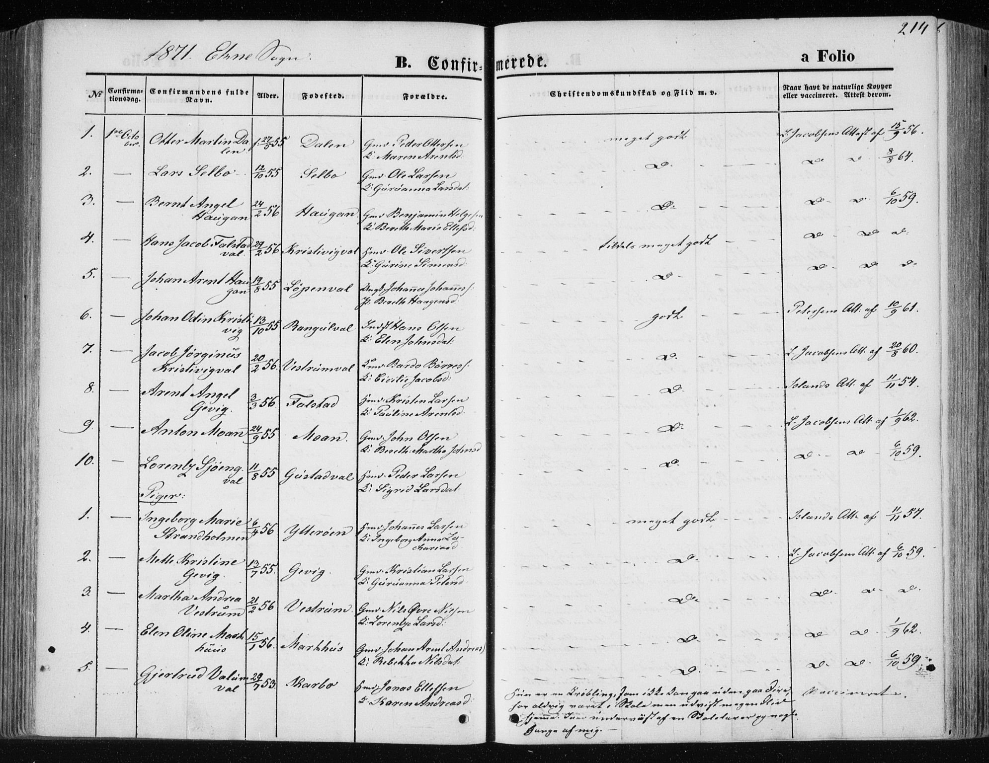 Ministerialprotokoller, klokkerbøker og fødselsregistre - Nord-Trøndelag, SAT/A-1458/717/L0157: Ministerialbok nr. 717A08 /1, 1863-1877, s. 214