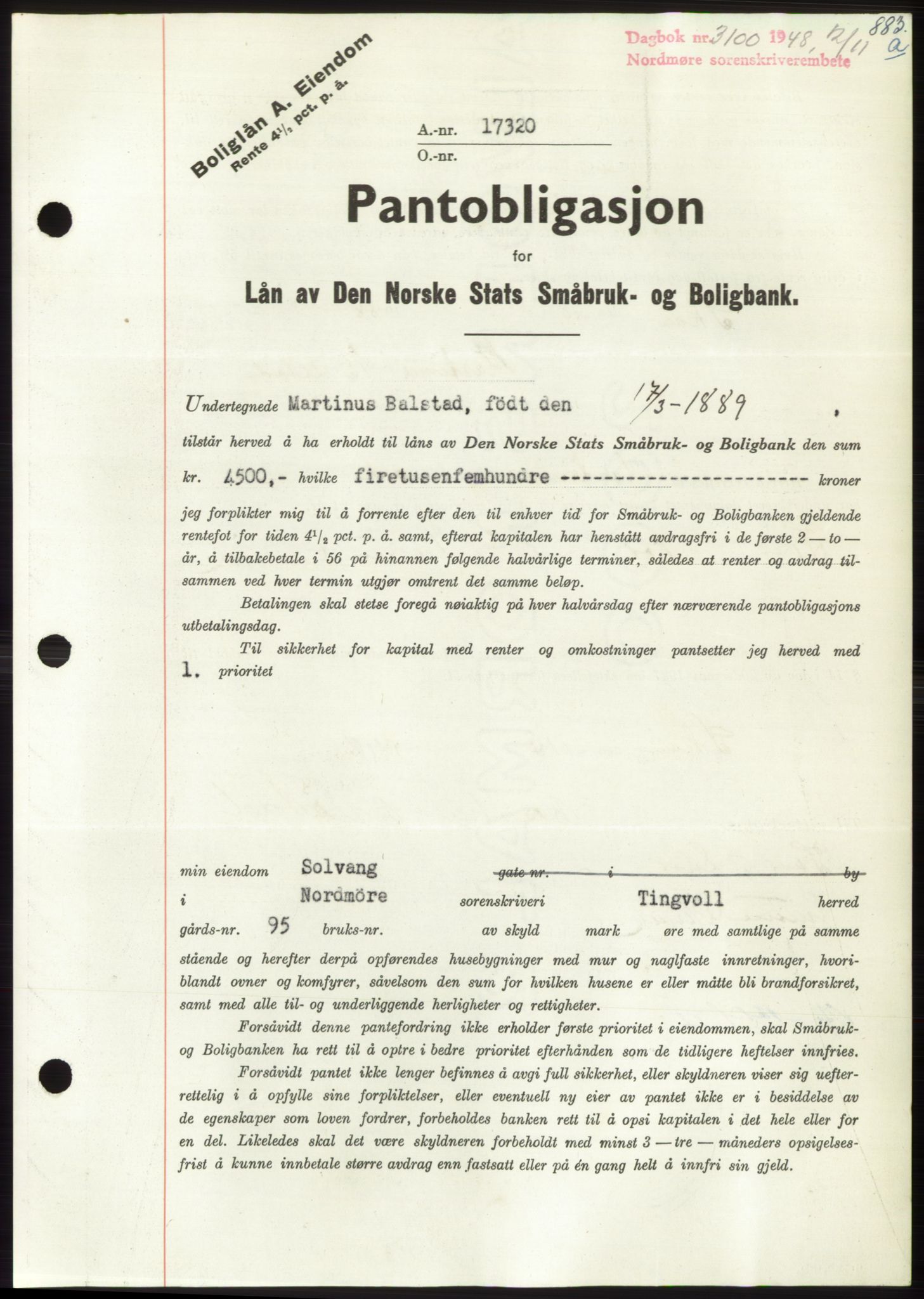 Nordmøre sorenskriveri, SAT/A-4132/1/2/2Ca: Pantebok nr. B99, 1948-1948, Dagboknr: 3100/1948