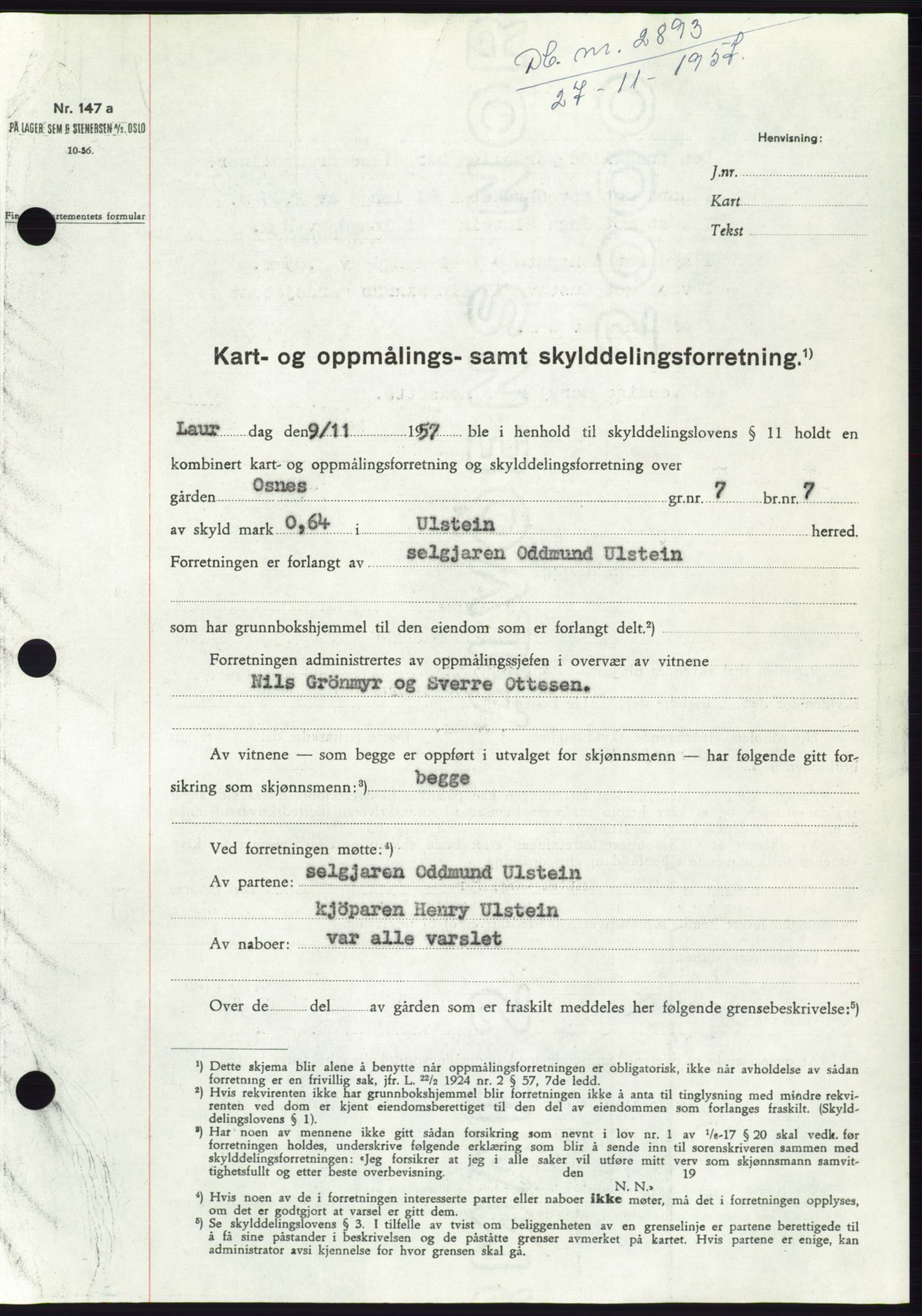 Søre Sunnmøre sorenskriveri, SAT/A-4122/1/2/2C/L0108: Pantebok nr. 34A, 1957-1958, Dagboknr: 2893/1957
