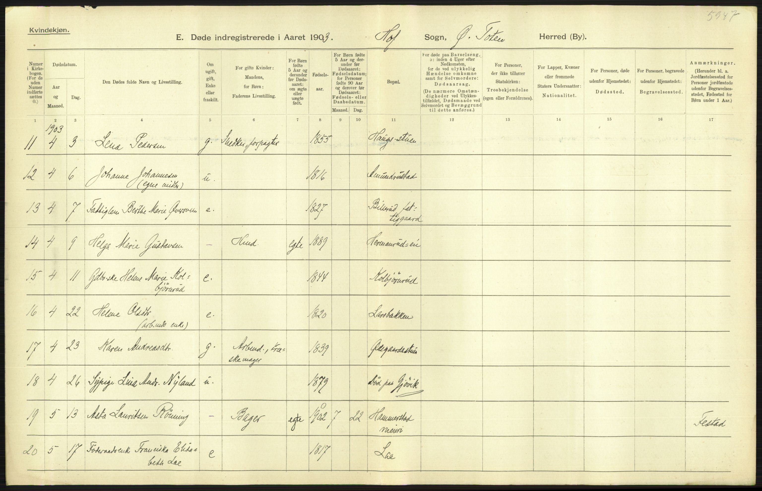 Statistisk sentralbyrå, Sosiodemografiske emner, Befolkning, AV/RA-S-2228/D/Df/Dfa/Dfaa/L0006: Kristians amt: Fødte, gifte, døde, 1903, s. 573