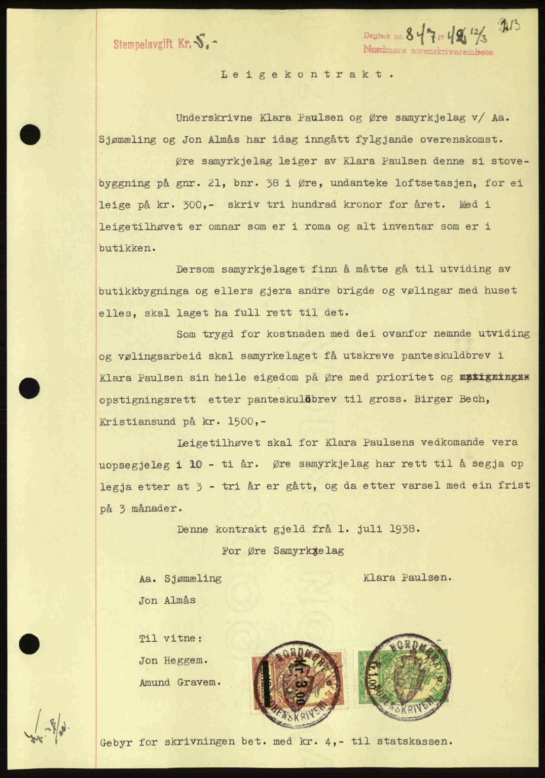 Nordmøre sorenskriveri, AV/SAT-A-4132/1/2/2Ca: Pantebok nr. B89, 1942-1942, Dagboknr: 847/1942