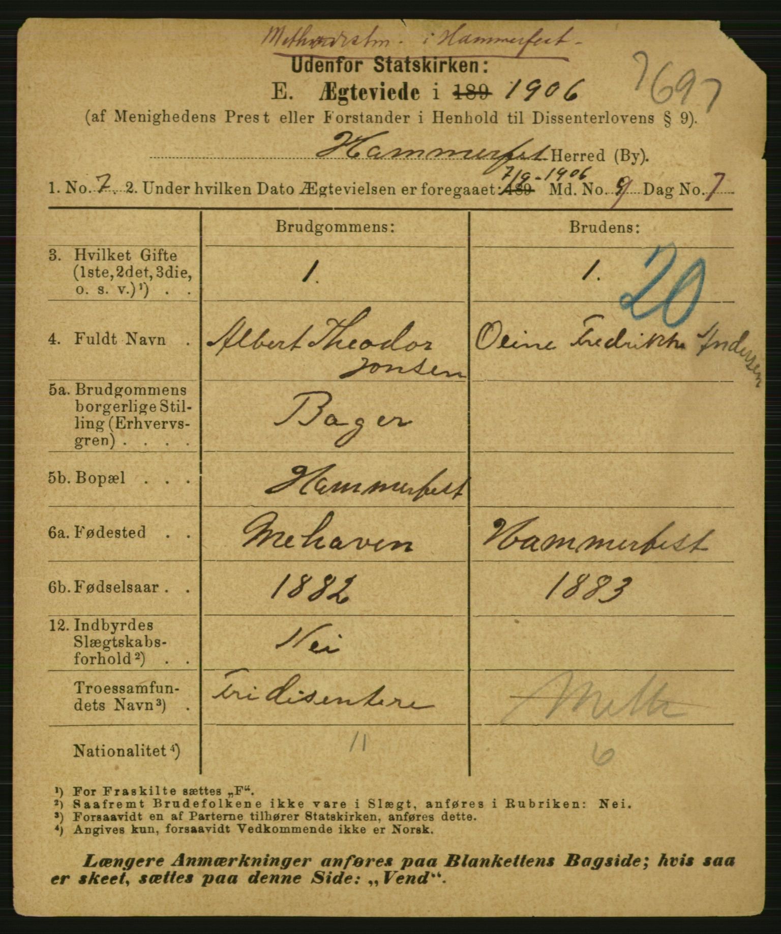 Statistisk sentralbyrå, Sosiodemografiske emner, Befolkning, AV/RA-S-2228/E/L0004: Fødte, gifte, døde dissentere., 1906, s. 2161