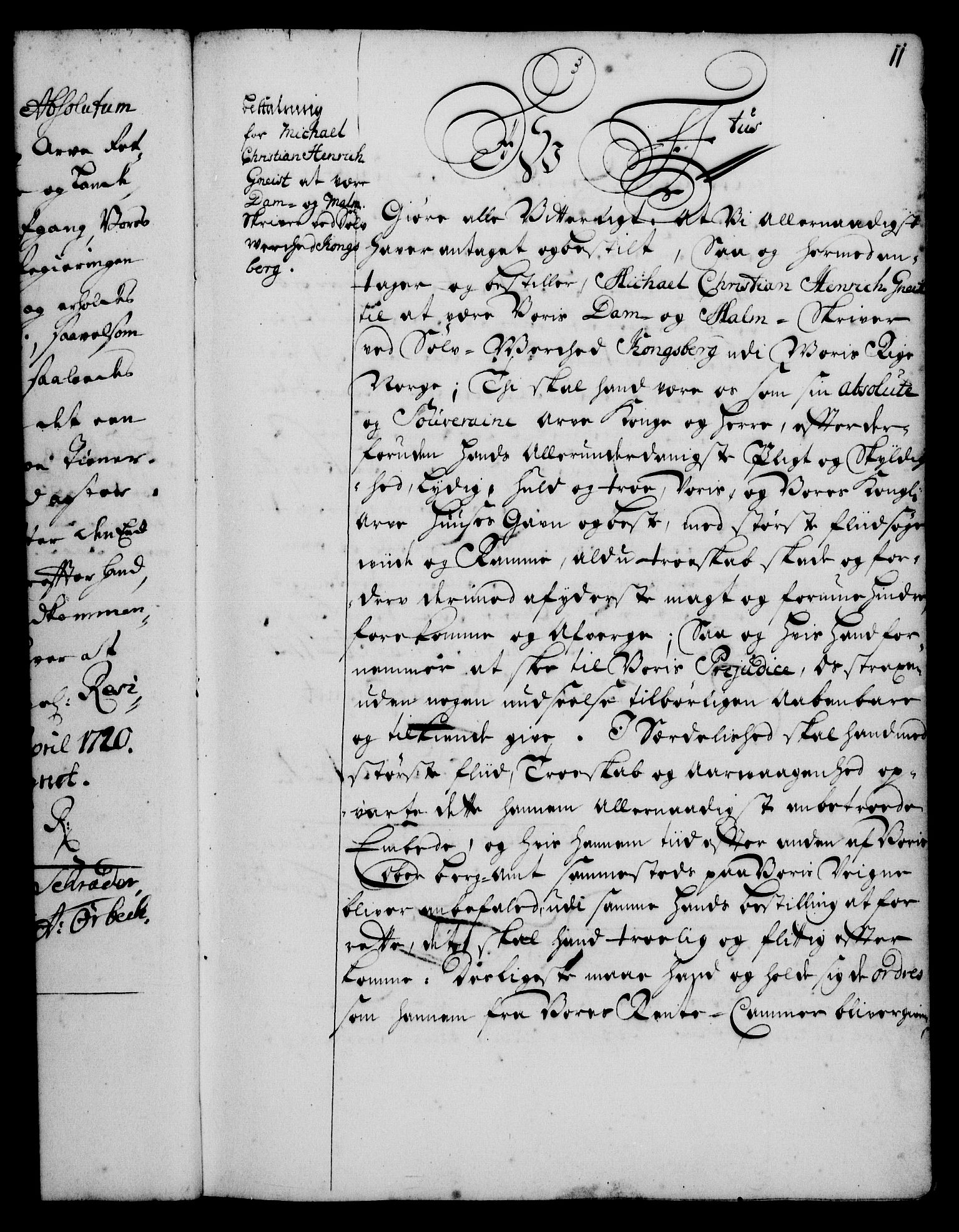 Rentekammeret, Kammerkanselliet, AV/RA-EA-3111/G/Gg/Gge/L0001: Norsk bestallingsprotokoll med register (merket RK 53.25), 1720-1730, s. 11