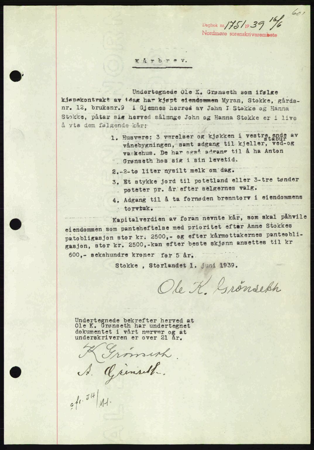 Nordmøre sorenskriveri, SAT/A-4132/1/2/2Ca: Pantebok nr. B85, 1939-1939, Dagboknr: 1751/1939