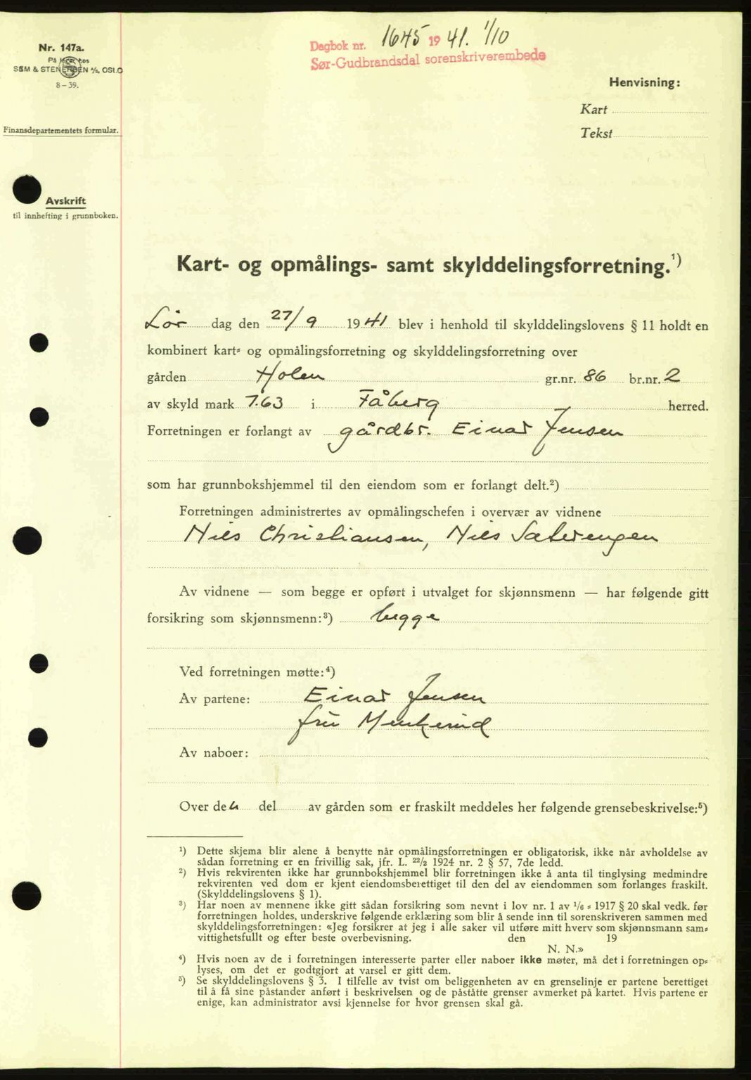 Sør-Gudbrandsdal tingrett, SAH/TING-004/H/Hb/Hbd/L0009: Pantebok nr. A9, 1941-1941, Dagboknr: 1645/1941