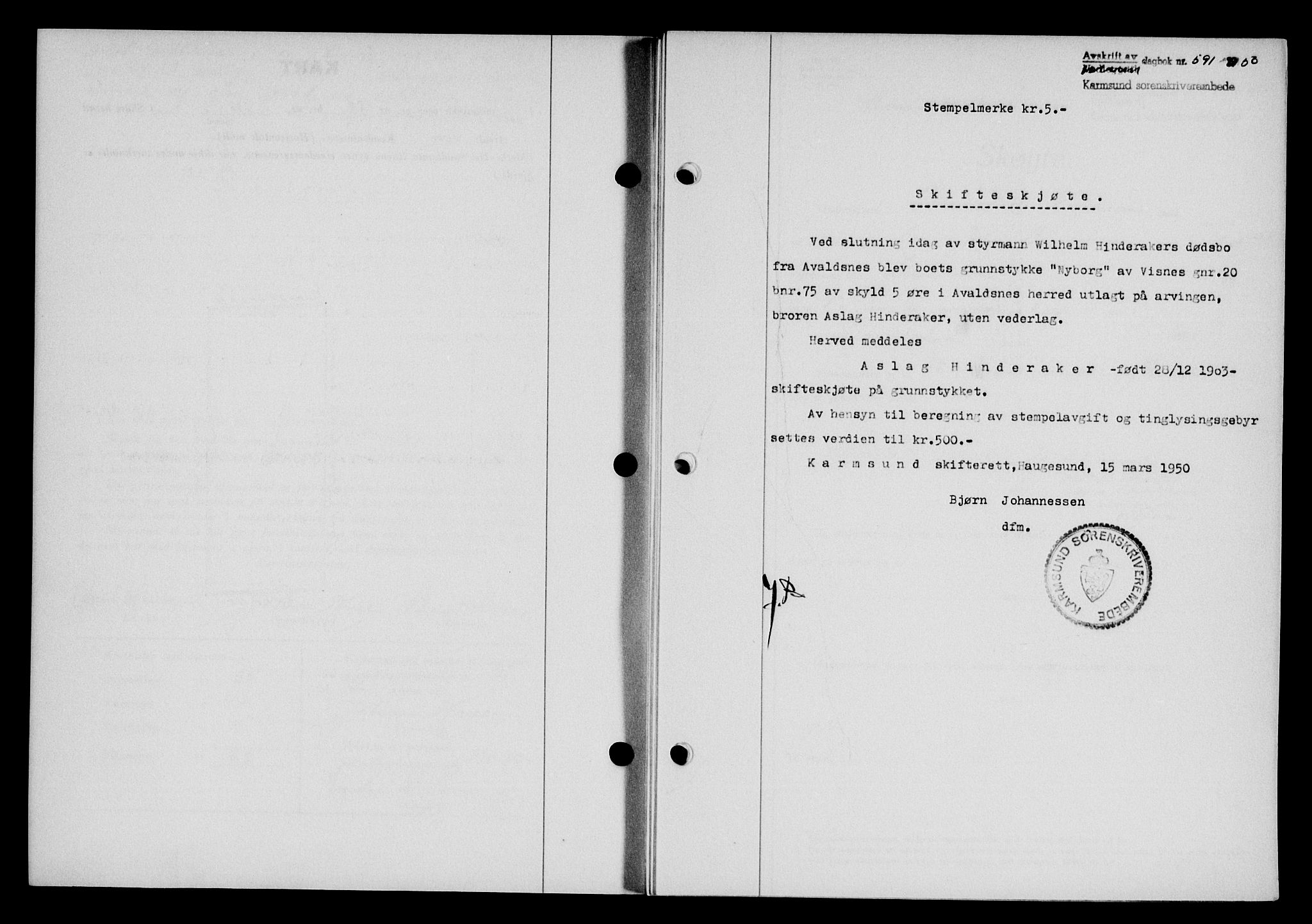 Karmsund sorenskriveri, SAST/A-100311/01/II/IIB/L0099: Pantebok nr. 79A, 1950-1950, Dagboknr: 591/1950