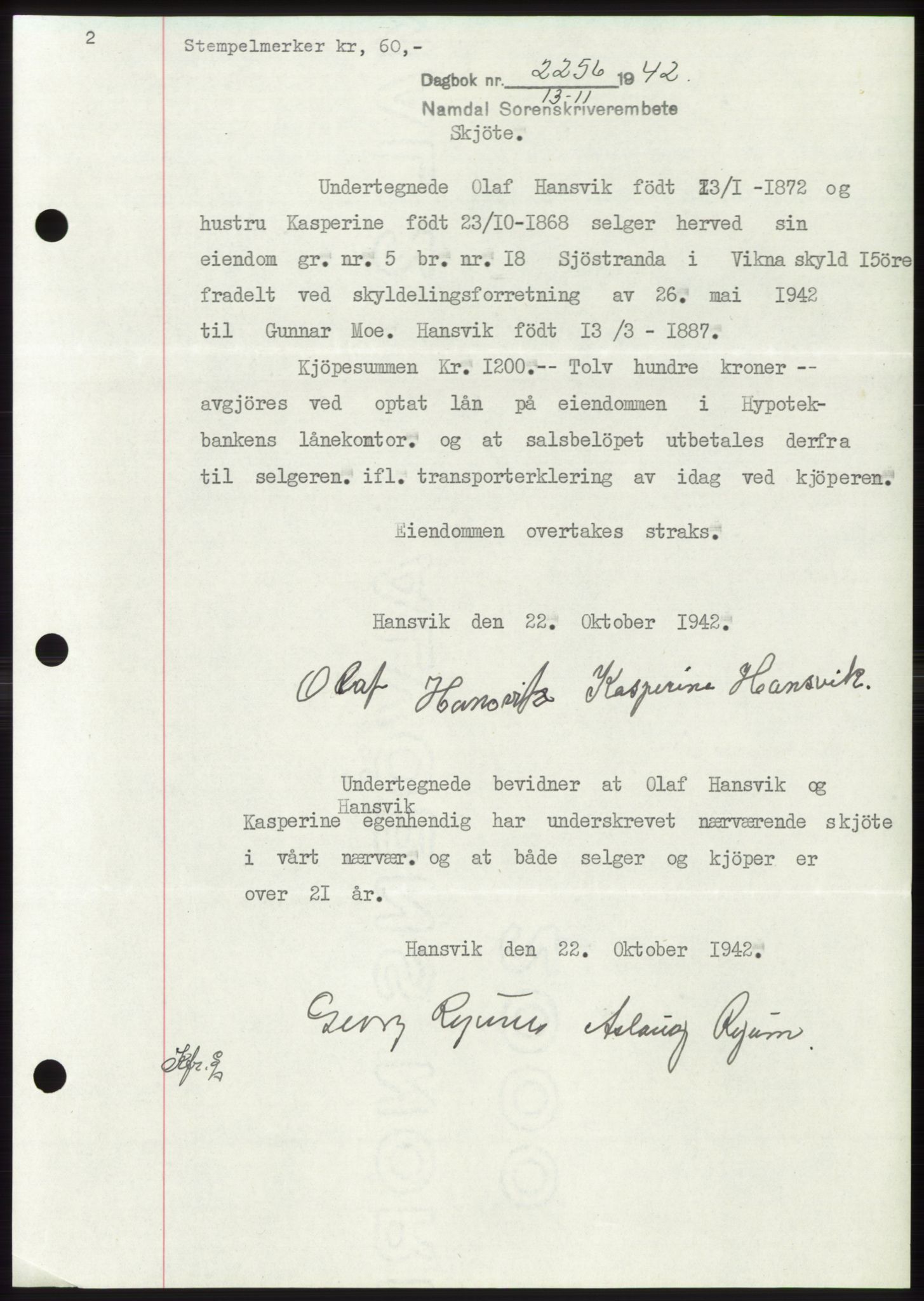 Namdal sorenskriveri, SAT/A-4133/1/2/2C: Pantebok nr. -, 1942-1943, Dagboknr: 2256/1942
