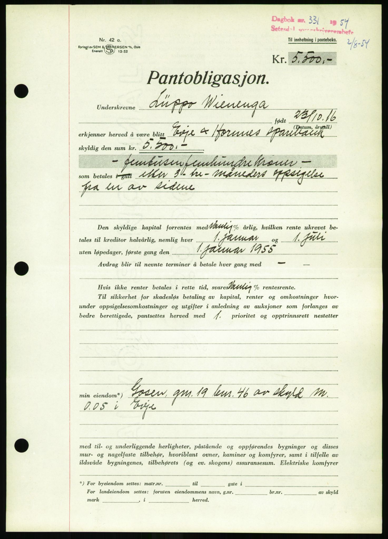 Setesdal sorenskriveri, SAK/1221-0011/G/Gb/L0052: Pantebok nr. B 40, 1954-1955, Dagboknr: 331/1954