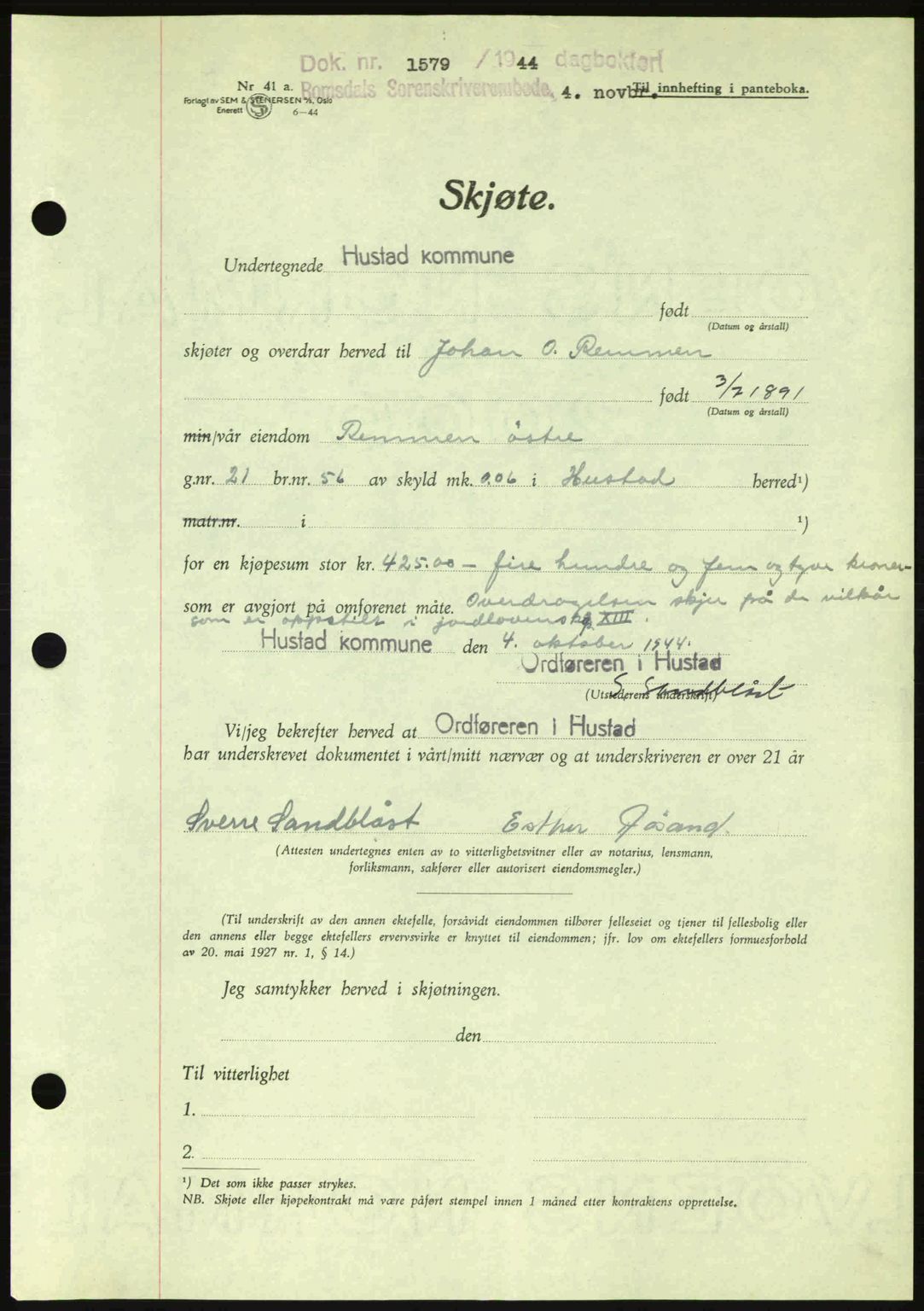 Romsdal sorenskriveri, AV/SAT-A-4149/1/2/2C: Pantebok nr. A17, 1944-1945, Dagboknr: 1579/1944