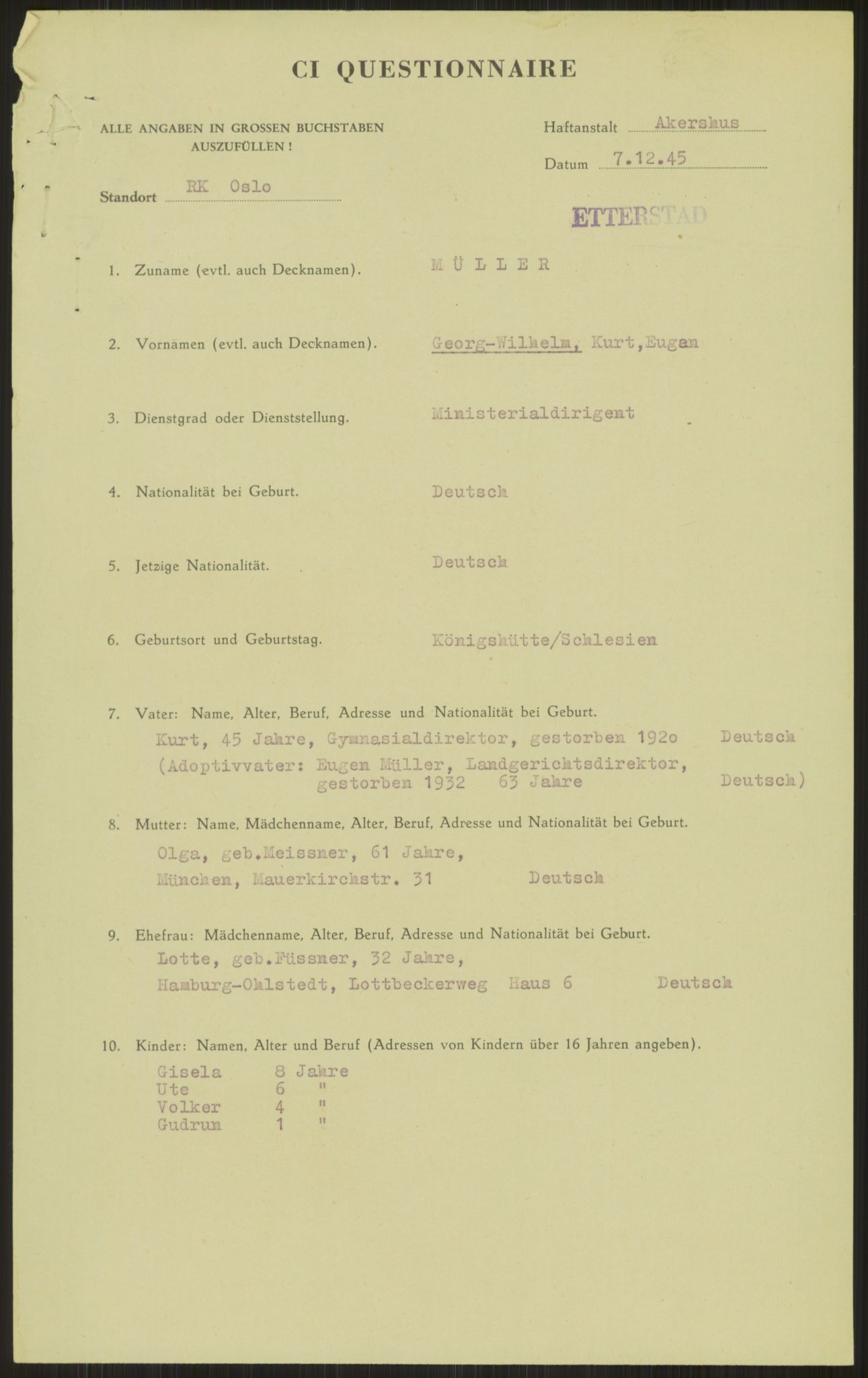 Forsvaret, Forsvarets overkommando II, AV/RA-RAFA-3915/D/Db/L0023: CI Questionaires. Tyske okkupasjonsstyrker i Norge. Tyskere., 1945-1946, s. 30