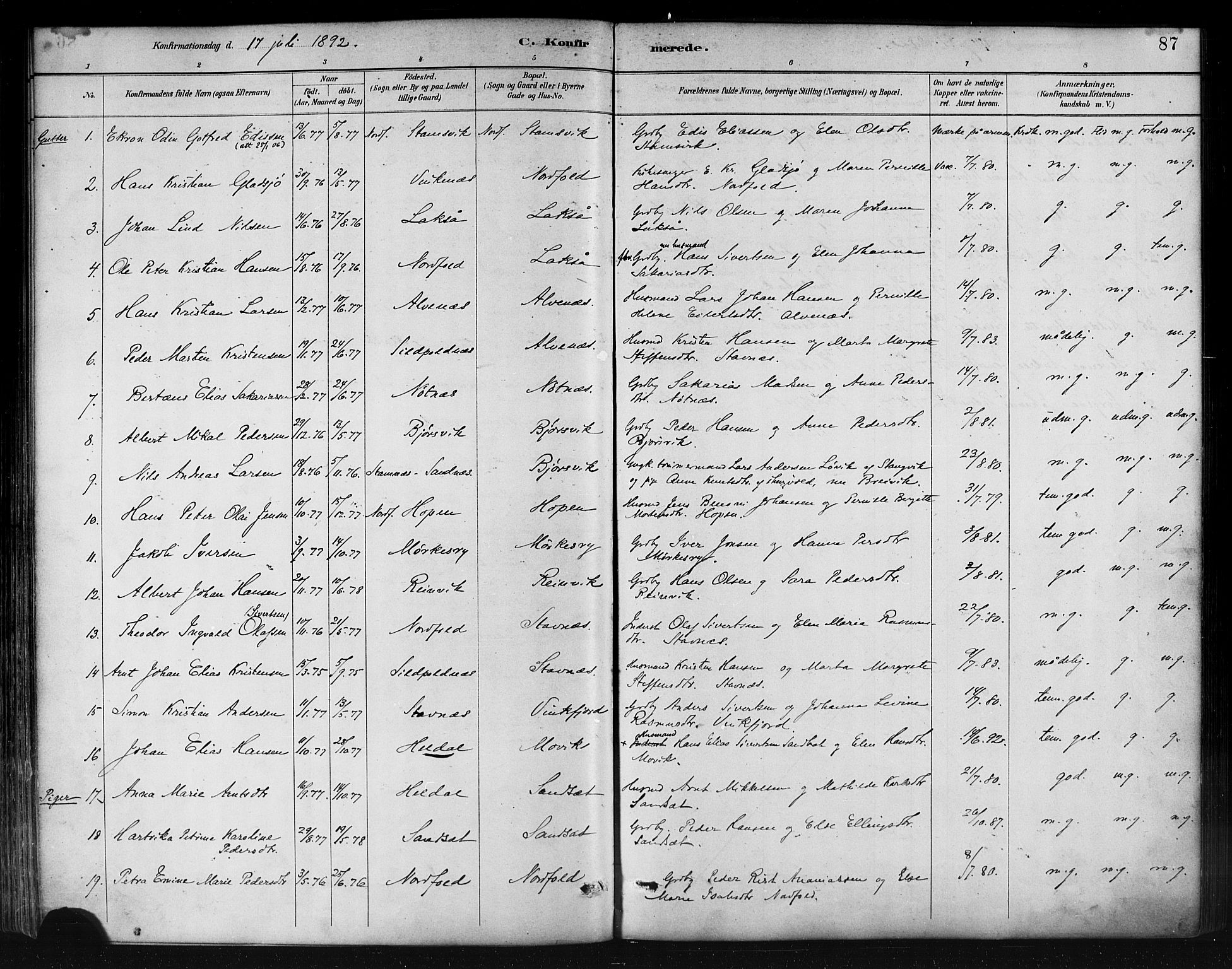 Ministerialprotokoller, klokkerbøker og fødselsregistre - Nordland, AV/SAT-A-1459/858/L0831: Ministerialbok nr. 858A01, 1884-1902, s. 87