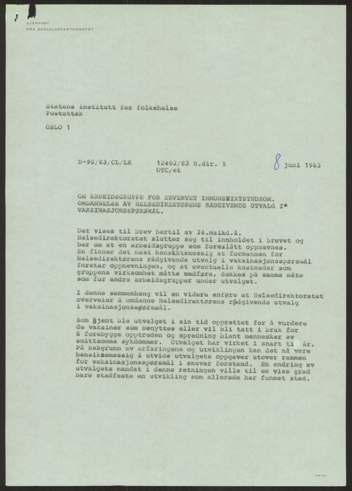 Sosialdepartementet, Helsedirektoratet, Hygienekontoret, H5, AV/RA-S-1287/2/D/Dc/L0151/0001: -- / Aids, 1983, s. 73