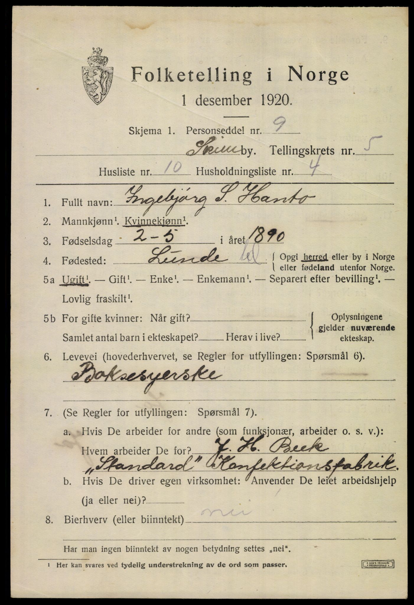 SAKO, Folketelling 1920 for 0806 Skien kjøpstad, 1920, s. 19708
