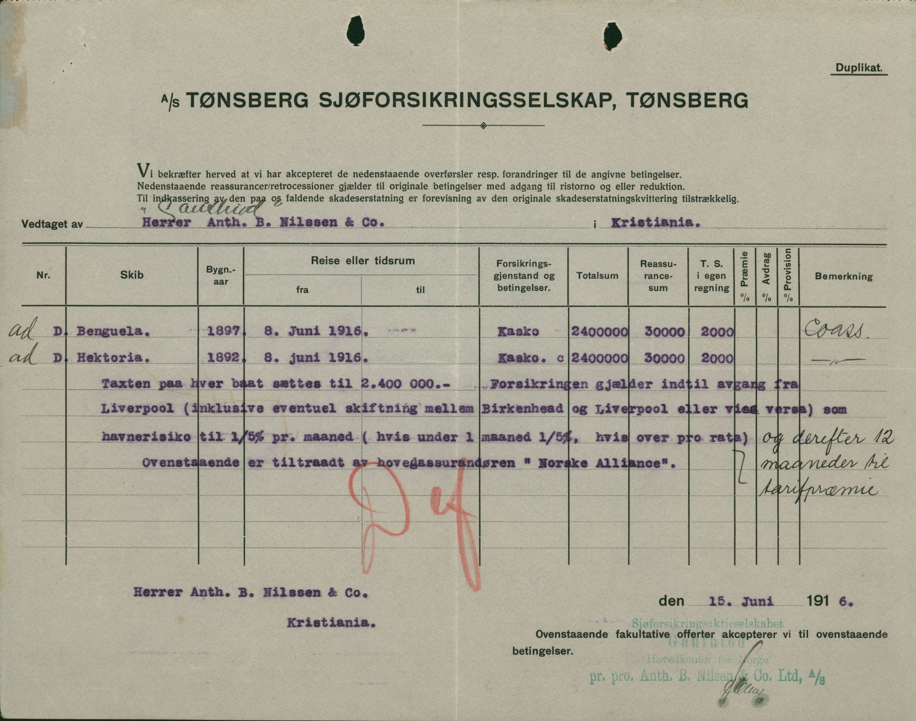 Pa 664 - Tønsberg Sjøforsikringsselskap, VEMU/A-1773/F/L0001: Forsikringspoliser, 1915-1918