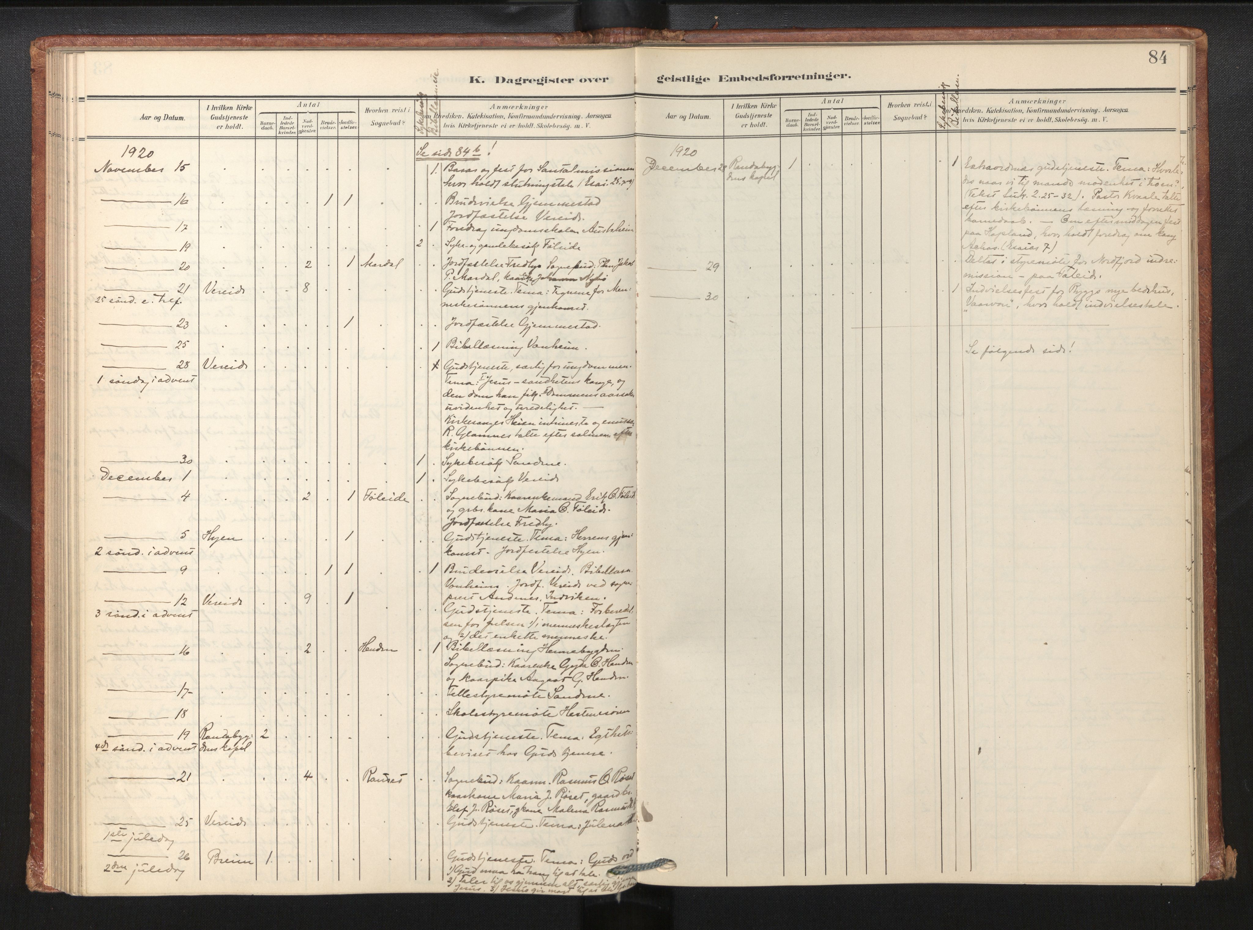 Gloppen sokneprestembete, AV/SAB-A-80101/H/Haa/Haaf/L0002: Dagsregister nr. F 2, 1904-1932, s. 84