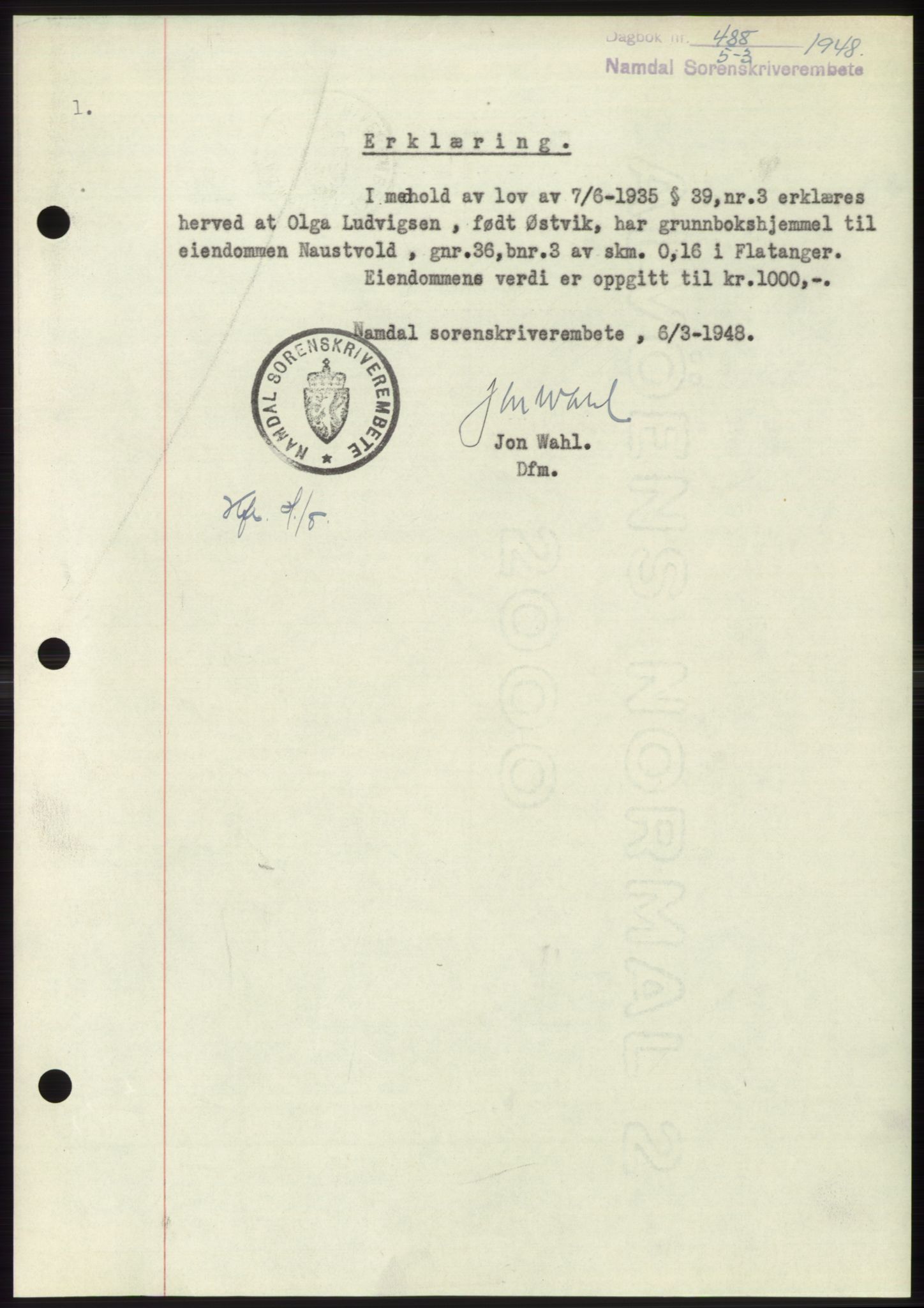 Namdal sorenskriveri, SAT/A-4133/1/2/2C: Pantebok nr. -, 1947-1948, Dagboknr: 488/1948