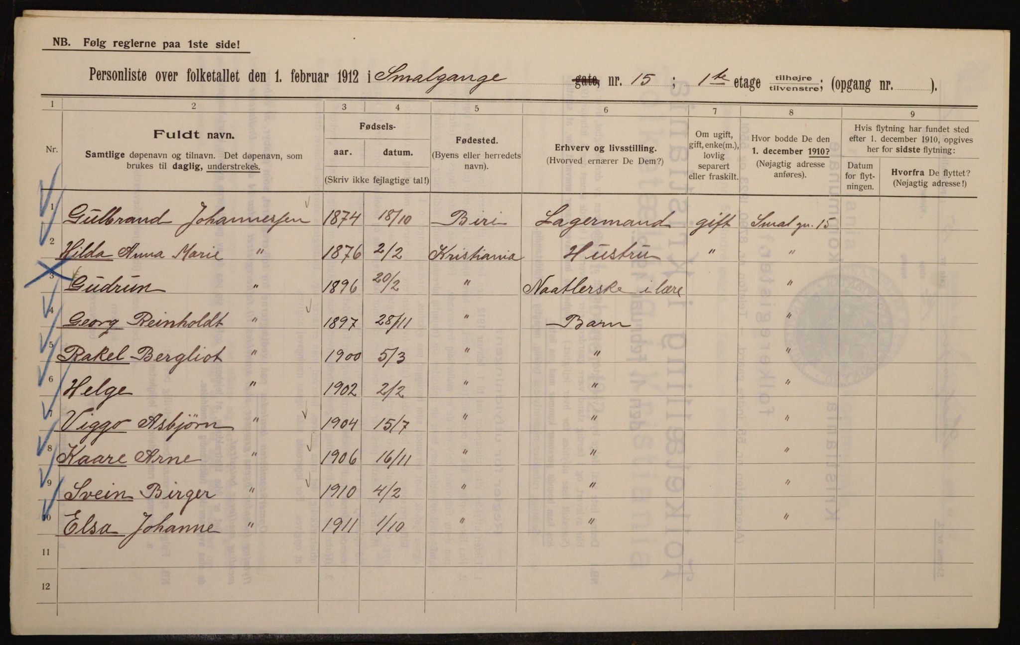 OBA, Kommunal folketelling 1.2.1912 for Kristiania, 1912, s. 97375