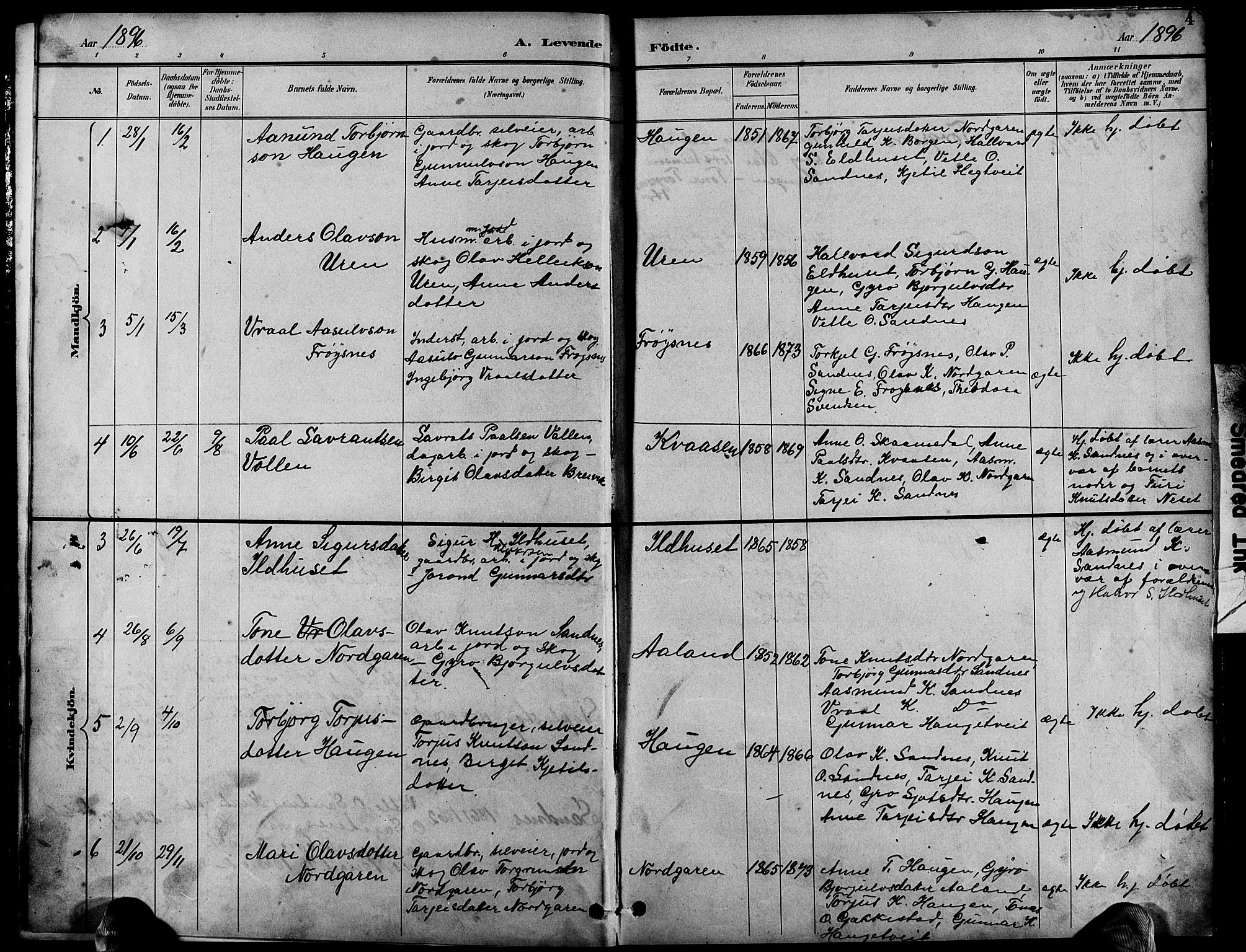 Bygland sokneprestkontor, AV/SAK-1111-0006/F/Fb/Fbc/L0002: Klokkerbok nr. B 2, 1895-1916, s. 4