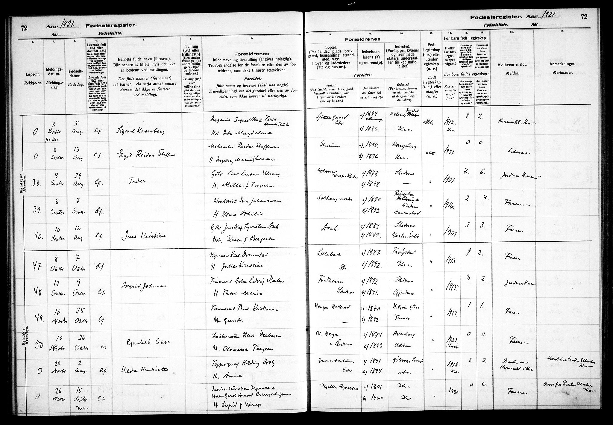 Skedsmo prestekontor Kirkebøker, AV/SAO-A-10033a/J/Ja/L0001: Fødselsregister nr. I 1, 1916-1931, s. 72