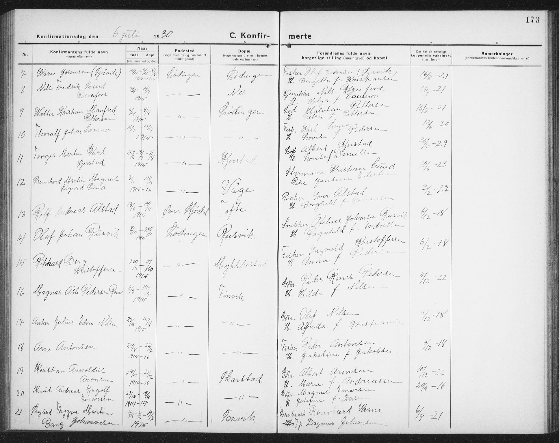 Ministerialprotokoller, klokkerbøker og fødselsregistre - Nordland, AV/SAT-A-1459/872/L1049: Klokkerbok nr. 872C05, 1920-1938, s. 173