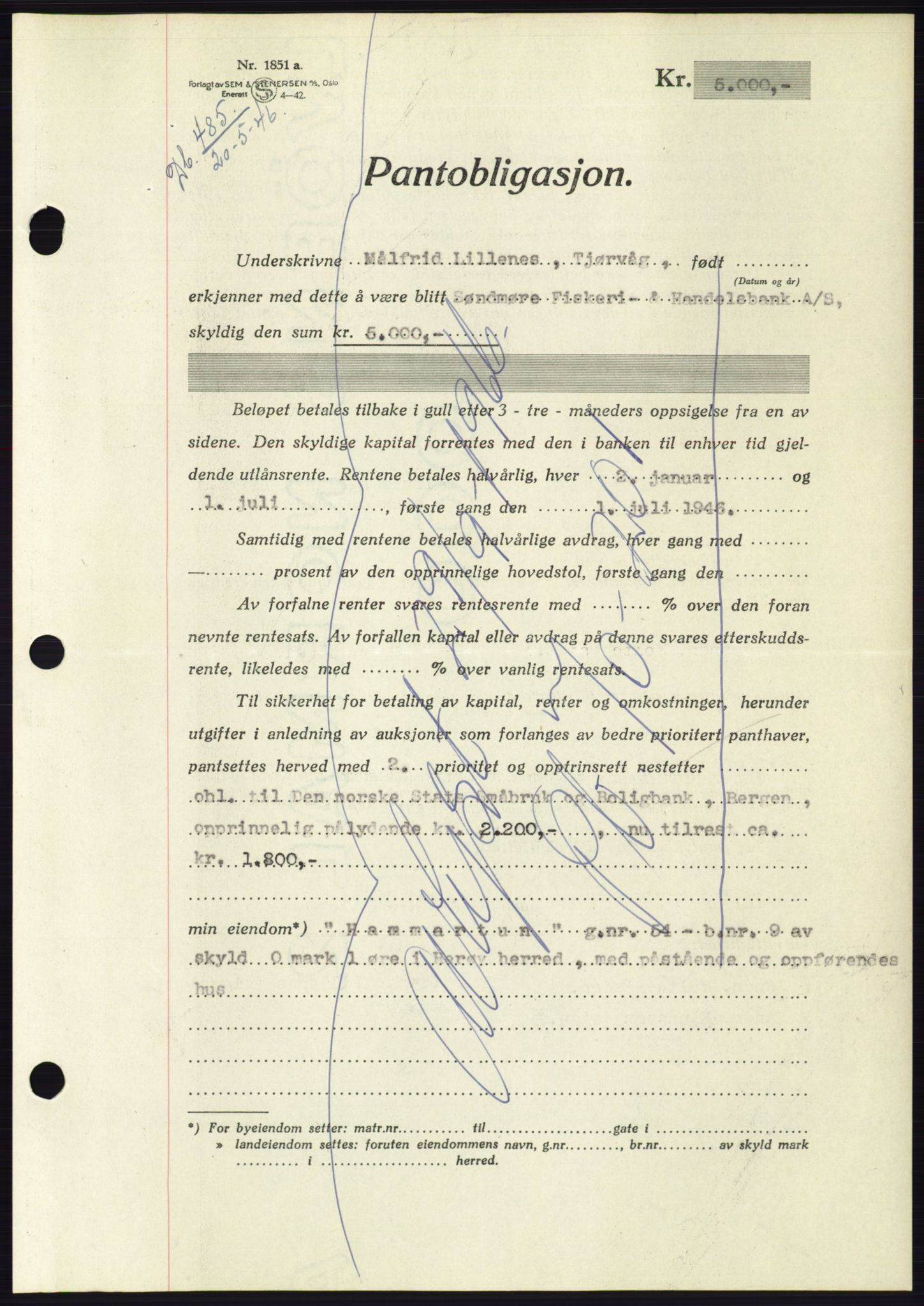 Søre Sunnmøre sorenskriveri, AV/SAT-A-4122/1/2/2C/L0114: Pantebok nr. 1-2B, 1943-1947, Dagboknr: 485/1946