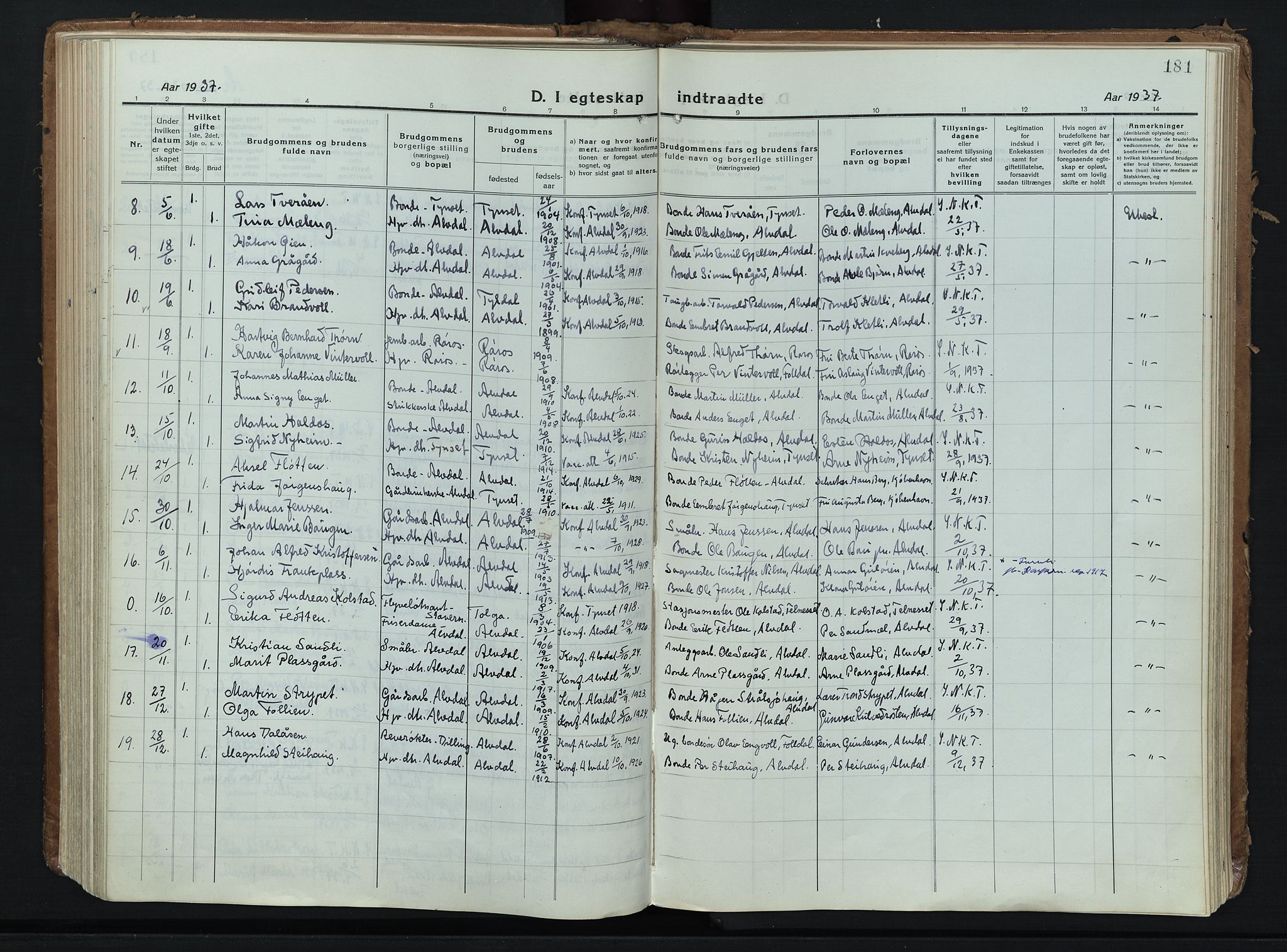 Alvdal prestekontor, AV/SAH-PREST-060/H/Ha/Haa/L0006: Ministerialbok nr. 6, 1920-1937, s. 181