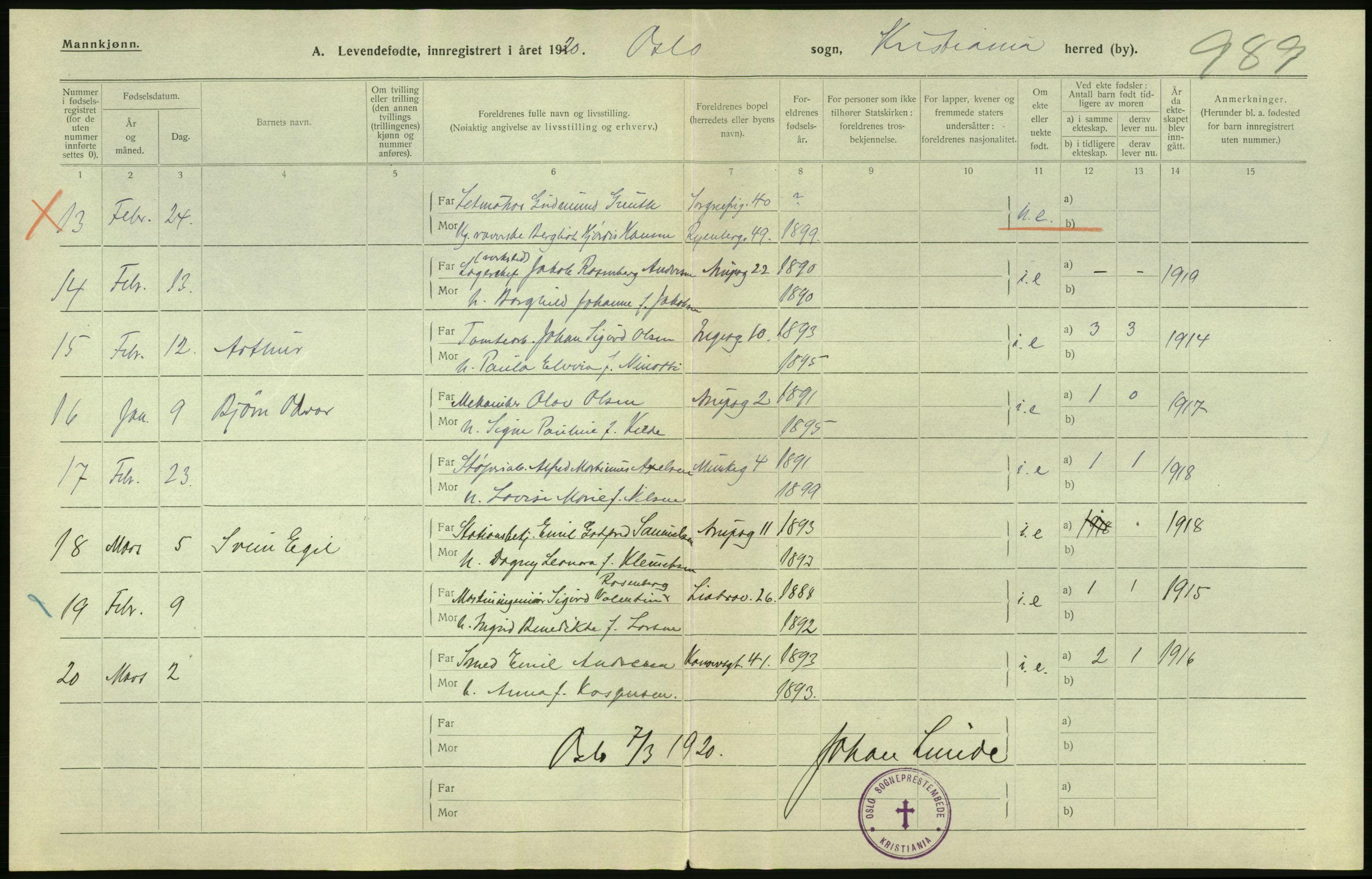 Statistisk sentralbyrå, Sosiodemografiske emner, Befolkning, AV/RA-S-2228/D/Df/Dfb/Dfbj/L0008: Kristiania: Levendefødte menn og kvinner., 1920, s. 6