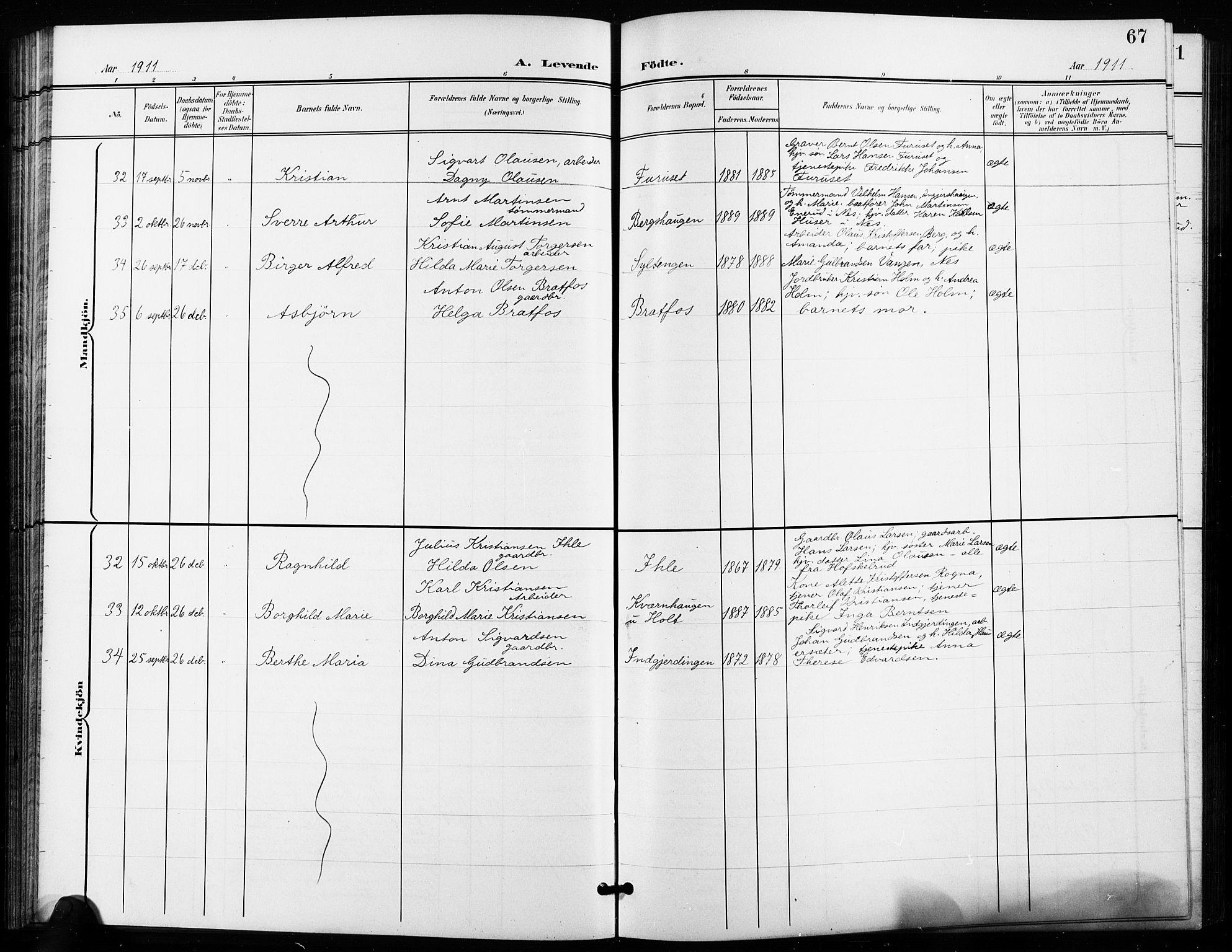 Ullensaker prestekontor Kirkebøker, AV/SAO-A-10236a/G/Ga/L0002: Klokkerbok nr. I 2, 1901-1913, s. 67