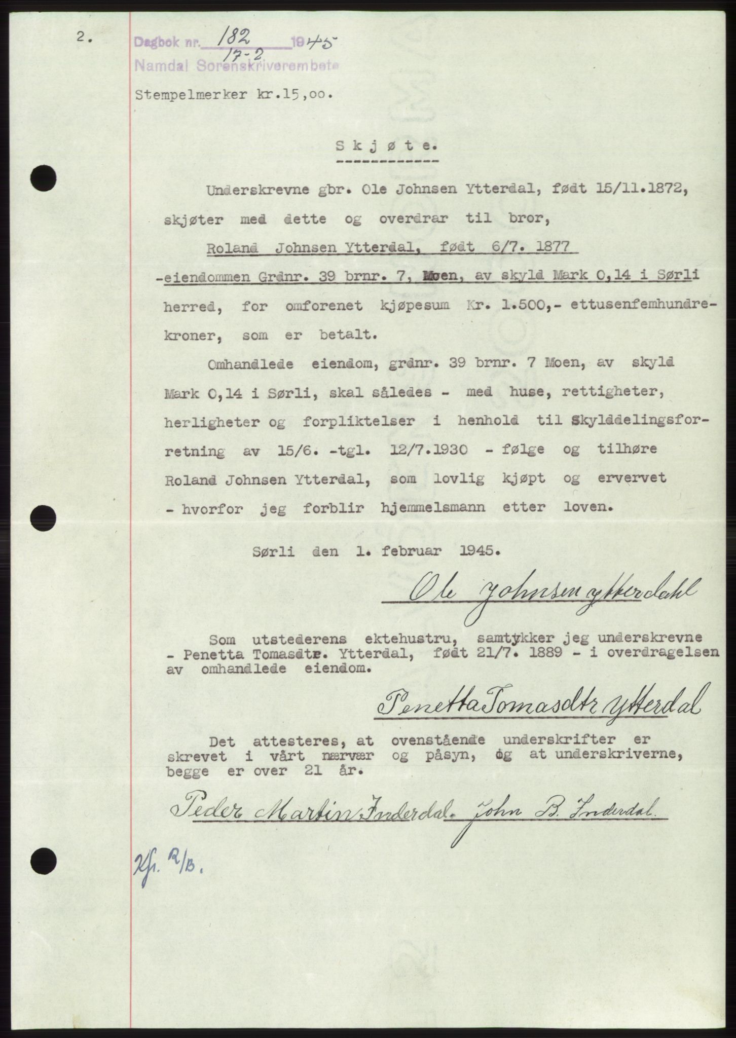 Namdal sorenskriveri, SAT/A-4133/1/2/2C: Pantebok nr. -, 1944-1945, Dagboknr: 182/1945