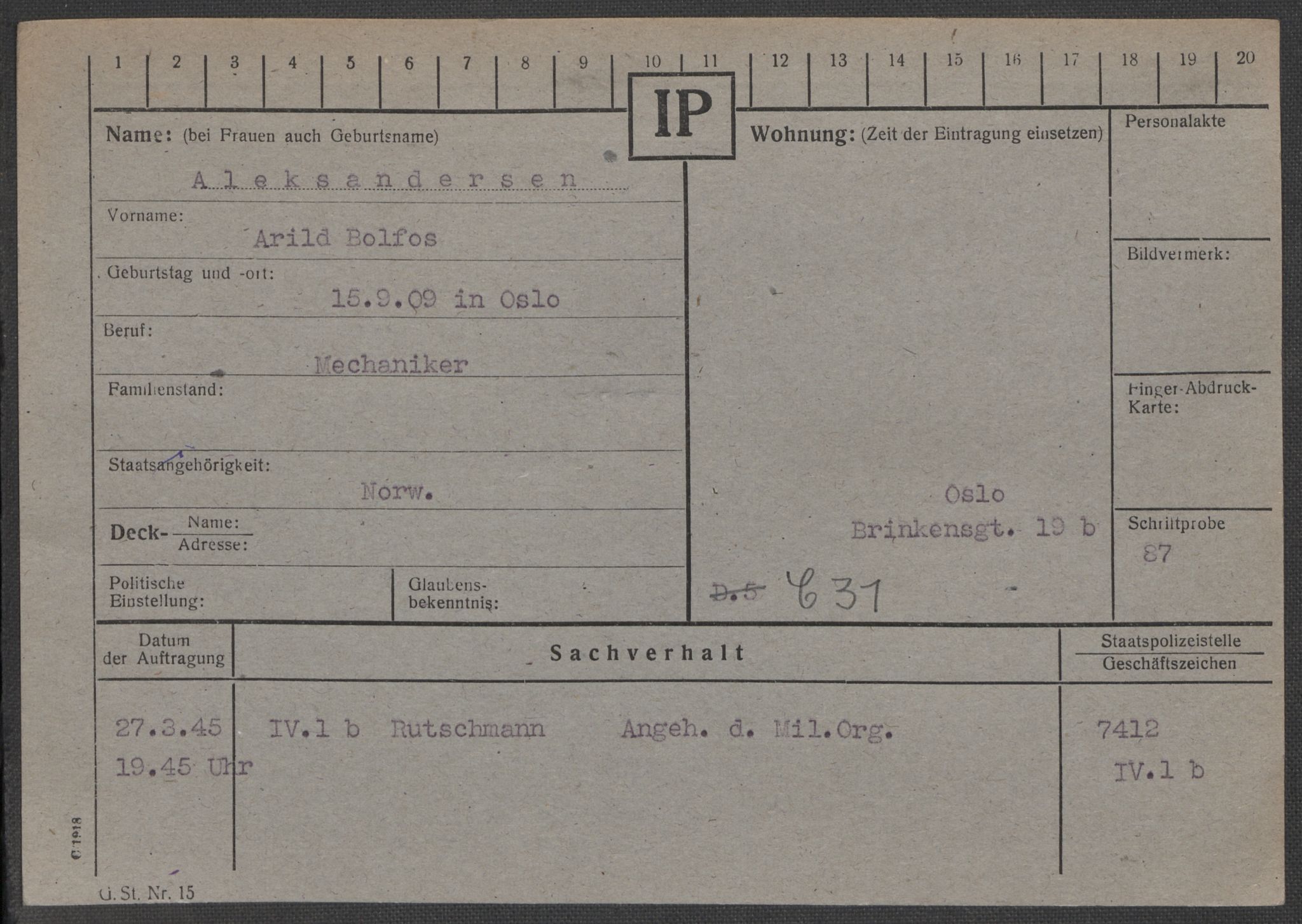 Befehlshaber der Sicherheitspolizei und des SD, RA/RAFA-5969/E/Ea/Eaa/L0001: Register over norske fanger i Møllergata 19: A-Bj, 1940-1945, s. 56