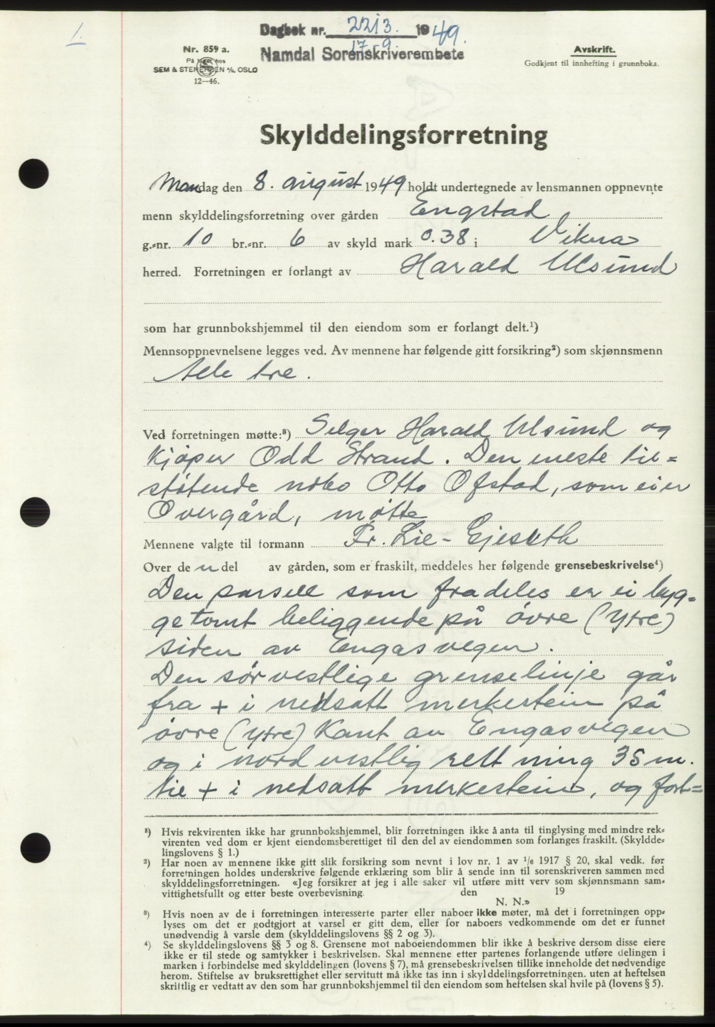 Namdal sorenskriveri, SAT/A-4133/1/2/2C: Pantebok nr. -, 1949-1949, Dagboknr: 2213/1949