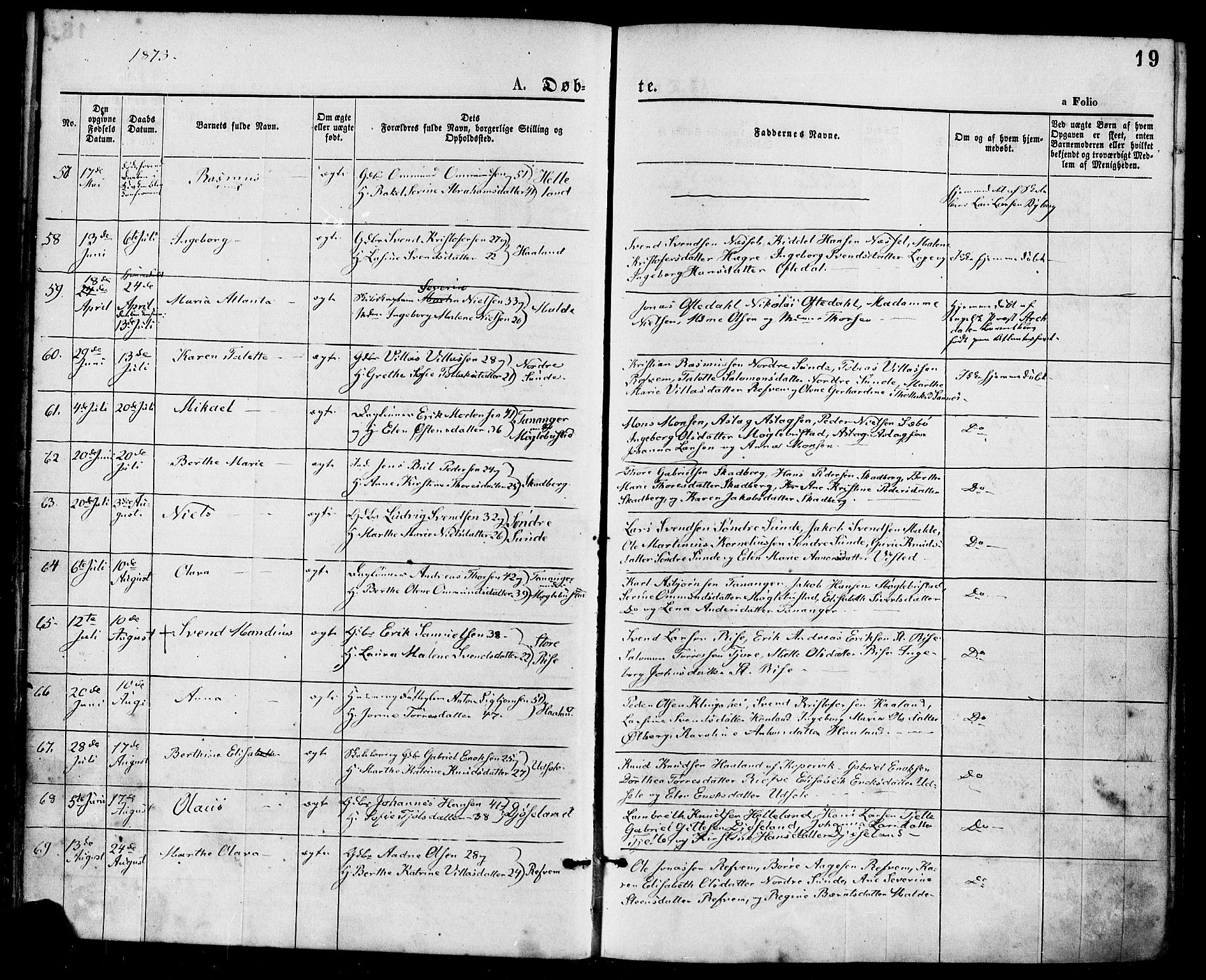 Håland sokneprestkontor, AV/SAST-A-101802/001/30BA/L0009: Ministerialbok nr. A 8, 1871-1882, s. 19