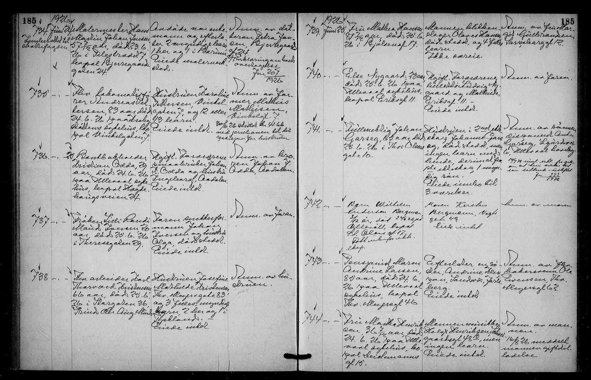 Oslo skifterett, AV/SAO-A-10383/G/Ga/Gac/L0013: Dødsfallsprotokoll, 1925-1927, s. 185