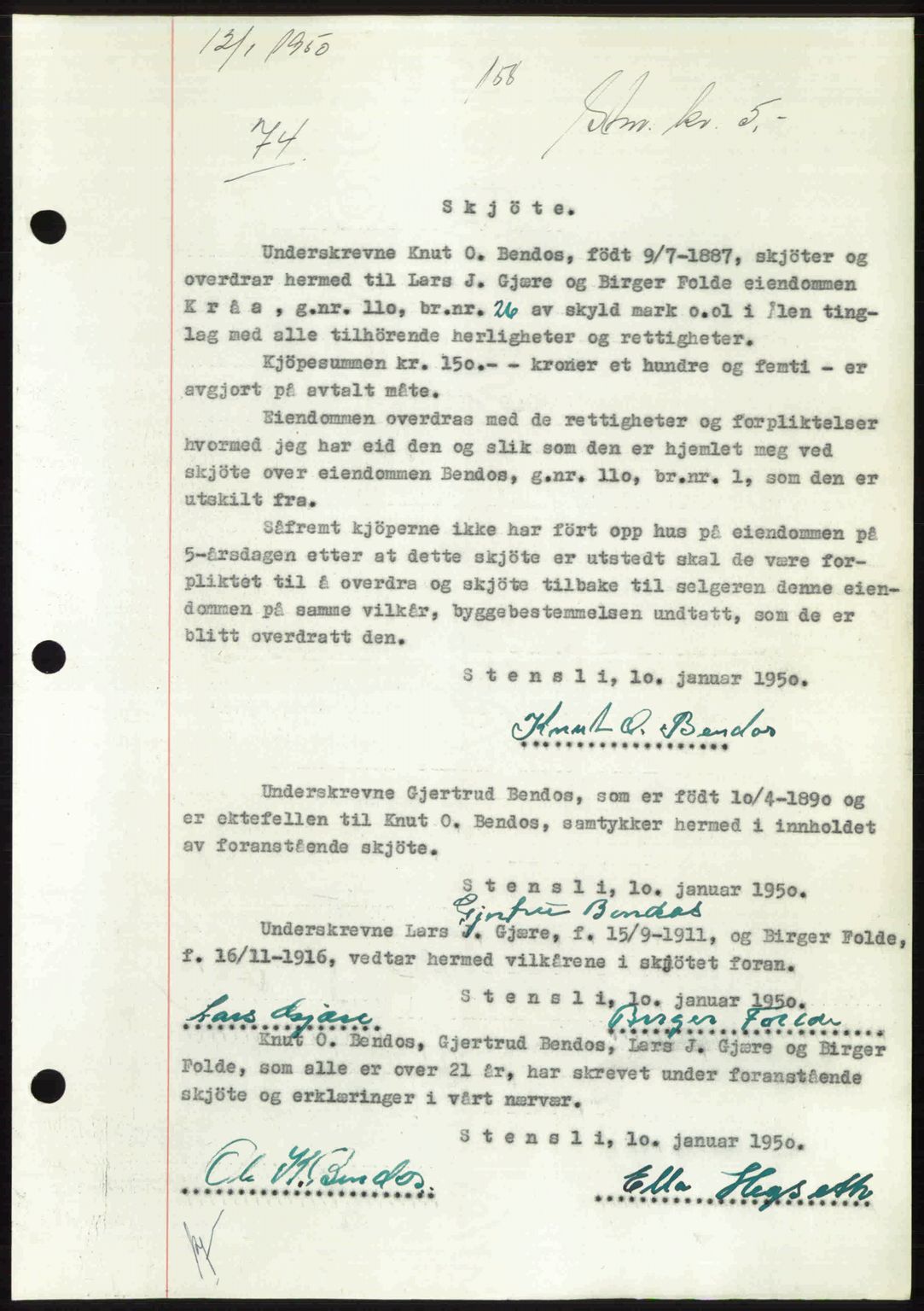 Gauldal sorenskriveri, SAT/A-0014/1/2/2C: Pantebok nr. A9, 1949-1950, Dagboknr: 74/1950