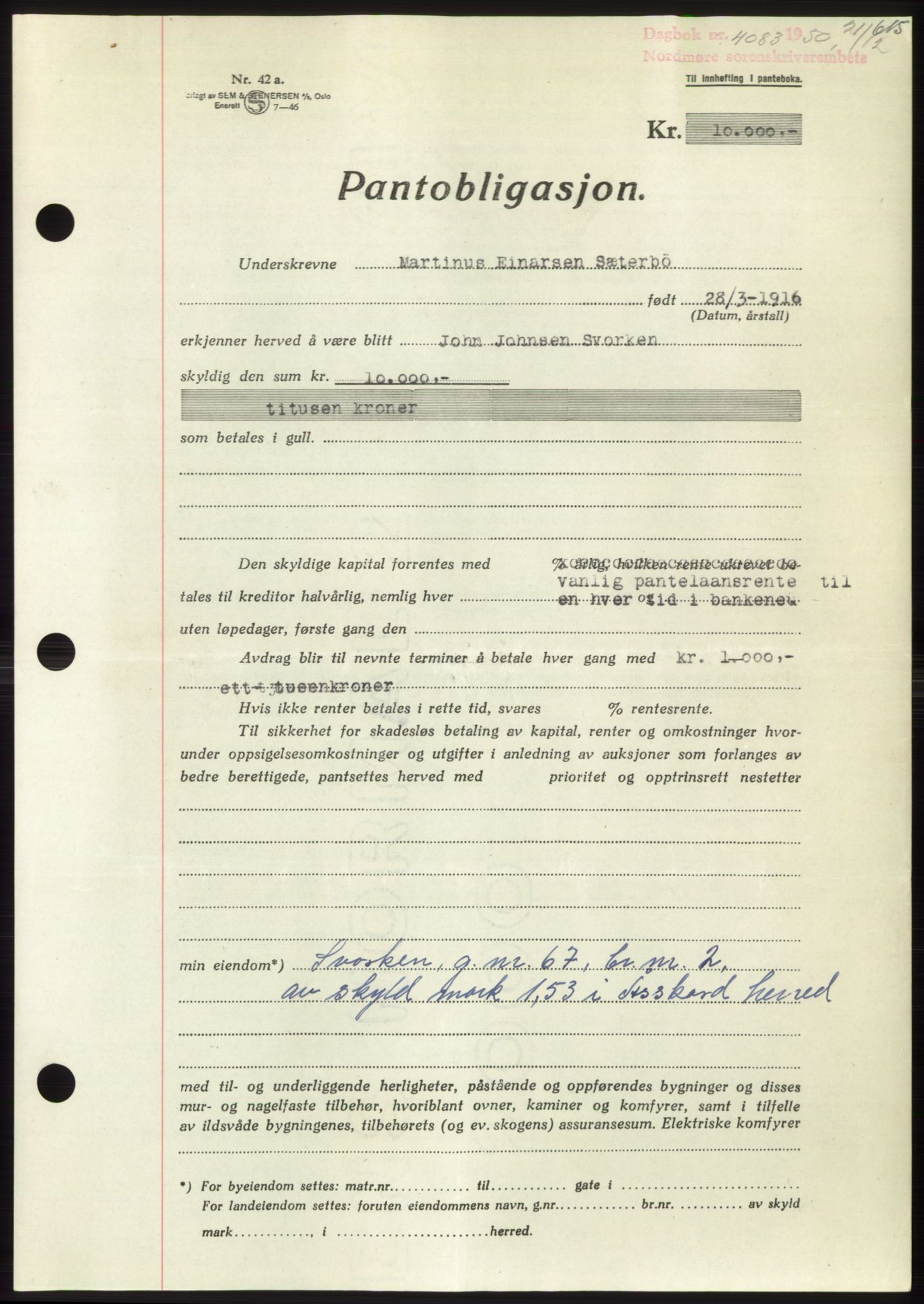 Nordmøre sorenskriveri, SAT/A-4132/1/2/2Ca: Pantebok nr. B106, 1950-1950, Dagboknr: 4083/1950