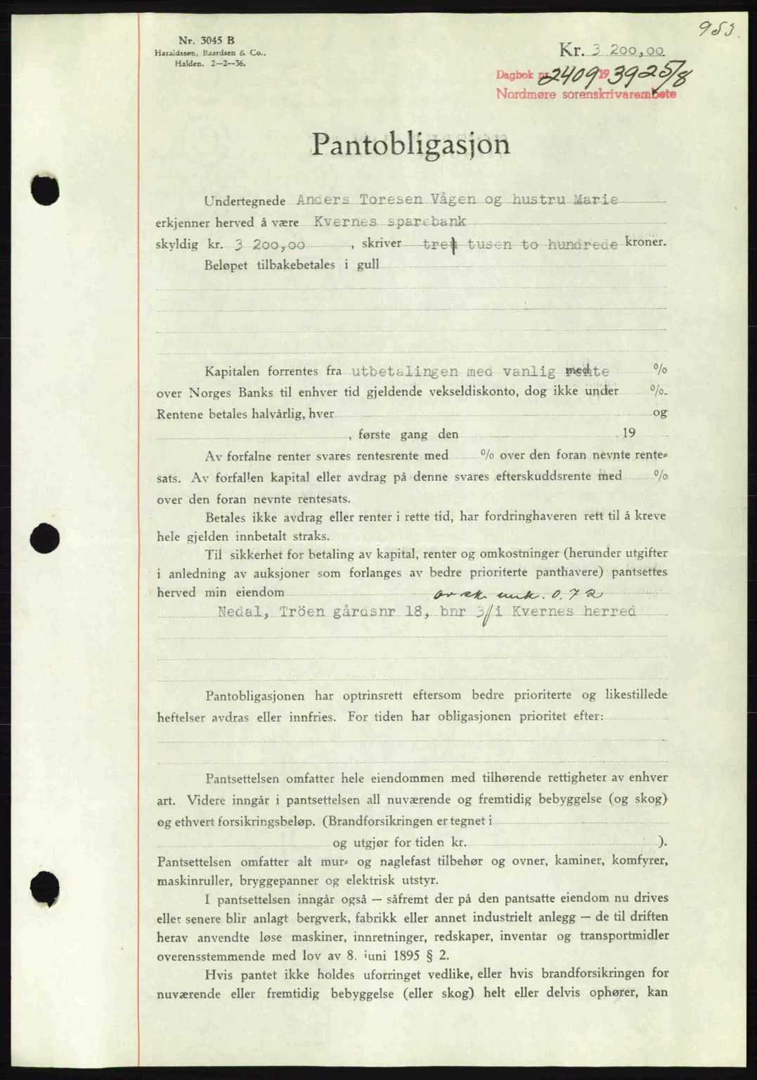 Nordmøre sorenskriveri, SAT/A-4132/1/2/2Ca: Pantebok nr. B85, 1939-1939, Dagboknr: 2409/1939