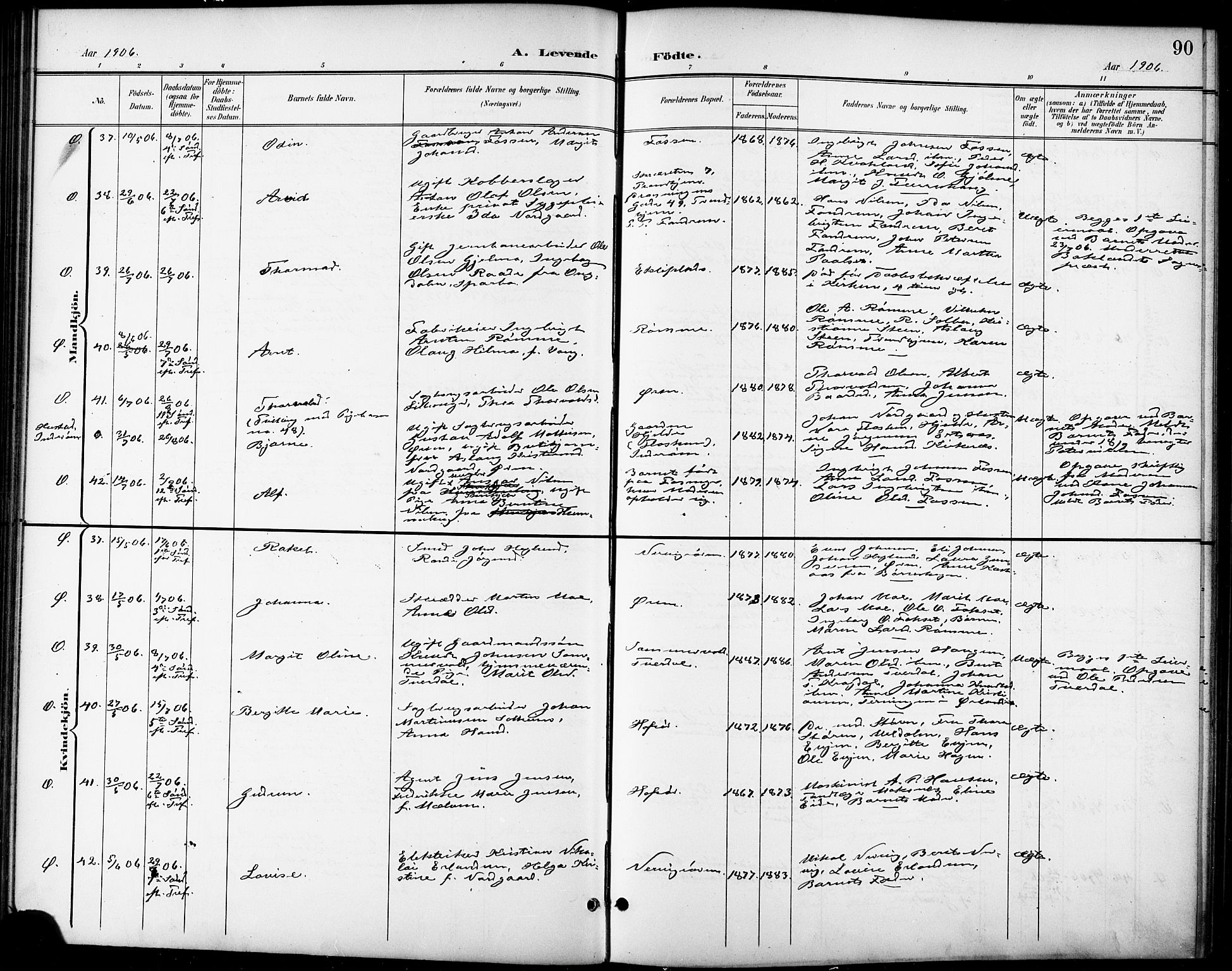 Ministerialprotokoller, klokkerbøker og fødselsregistre - Sør-Trøndelag, AV/SAT-A-1456/668/L0819: Klokkerbok nr. 668C08, 1899-1912, s. 90