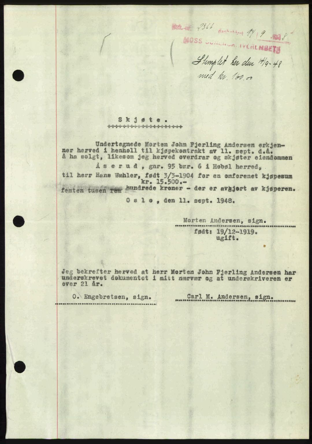 Moss sorenskriveri, SAO/A-10168: Pantebok nr. A20, 1948-1948, Dagboknr: 2366/1948