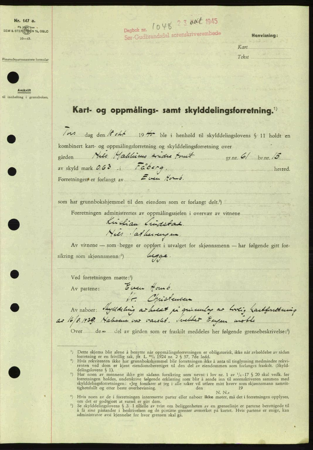 Sør-Gudbrandsdal tingrett, SAH/TING-004/H/Hb/Hbd/L0014: Pantebok nr. A14, 1944-1945, Dagboknr: 1048/1945