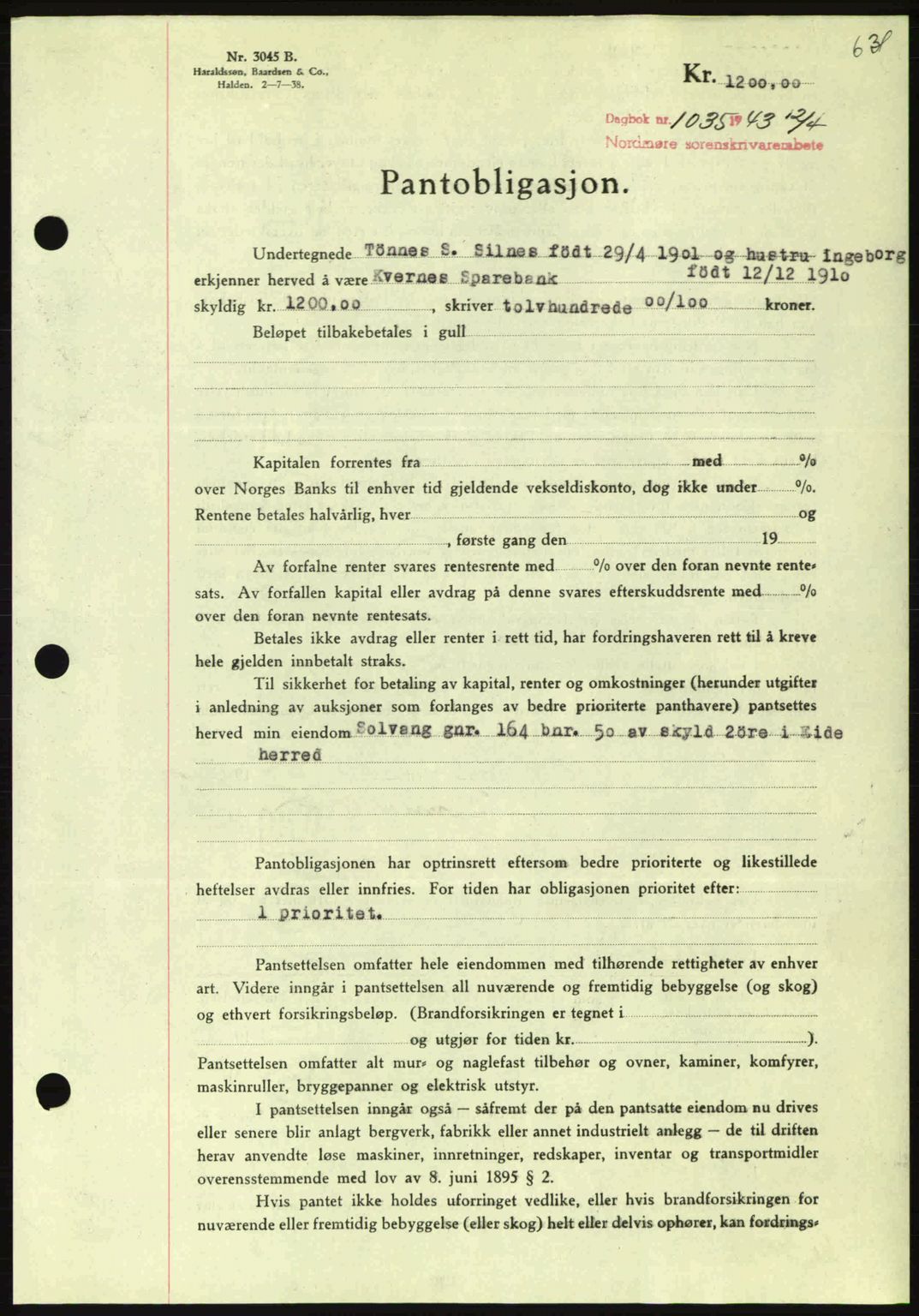 Nordmøre sorenskriveri, SAT/A-4132/1/2/2Ca: Pantebok nr. B90, 1942-1943, Dagboknr: 1035/1943