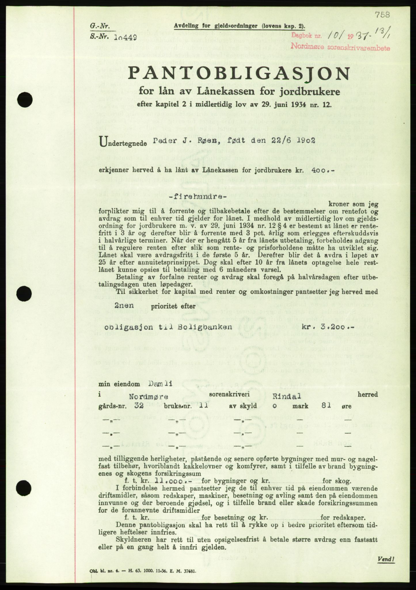 Nordmøre sorenskriveri, AV/SAT-A-4132/1/2/2Ca/L0090: Pantebok nr. B80, 1936-1937, Dagboknr: 101/1937