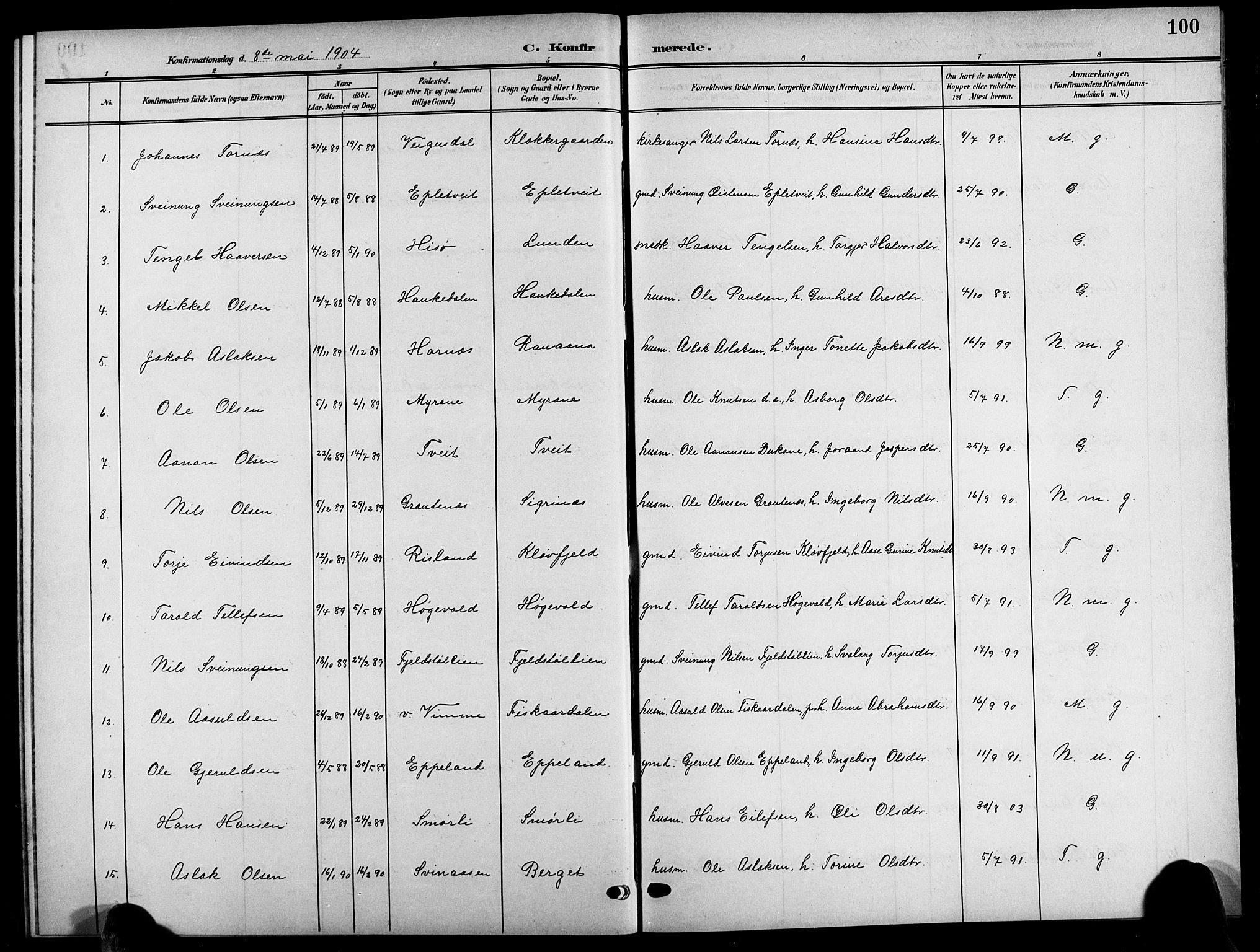Åmli sokneprestkontor, AV/SAK-1111-0050/F/Fb/Fbc/L0005: Klokkerbok nr. B 5, 1903-1916, s. 100