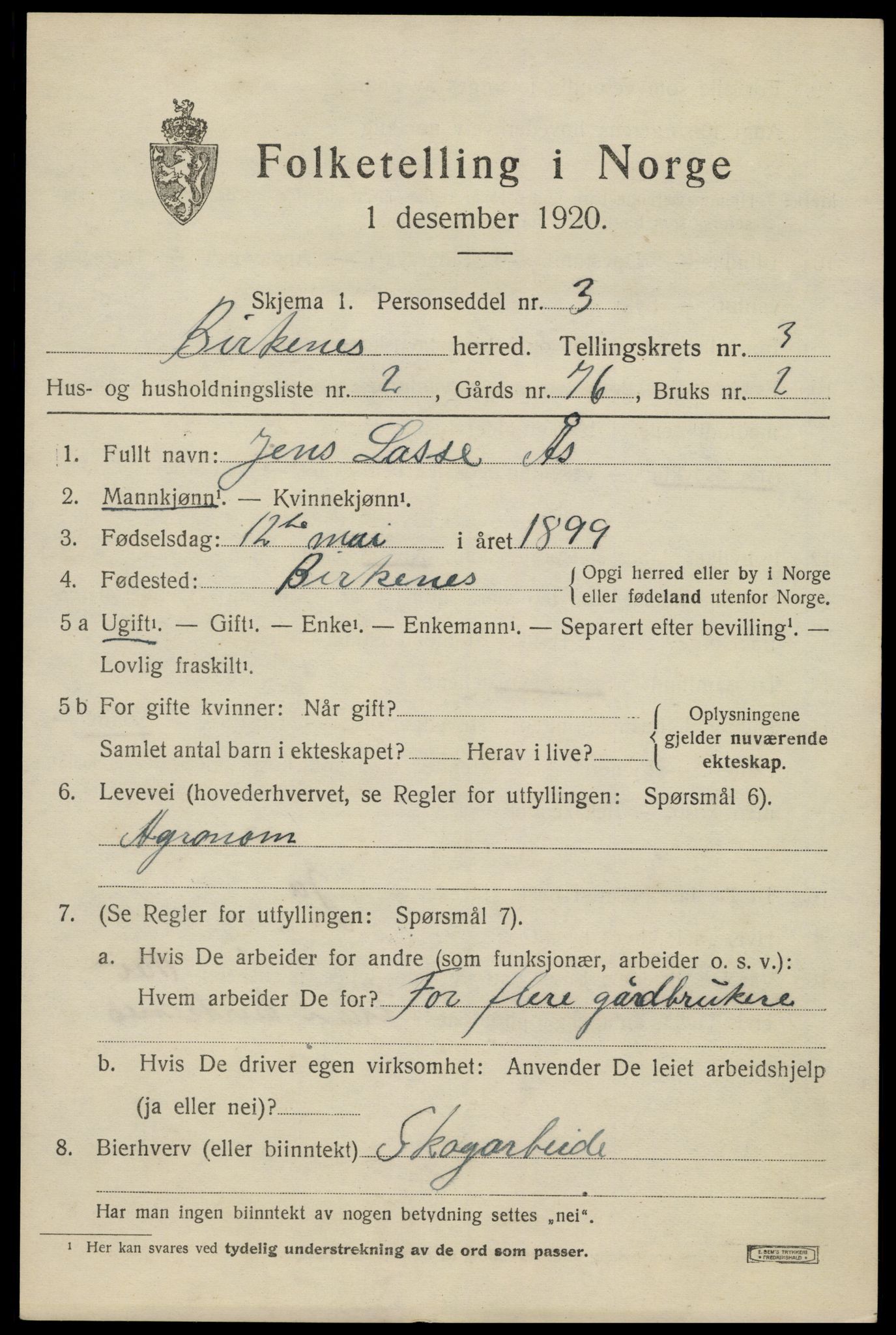 SAK, Folketelling 1920 for 0928 Birkenes herred, 1920, s. 1433