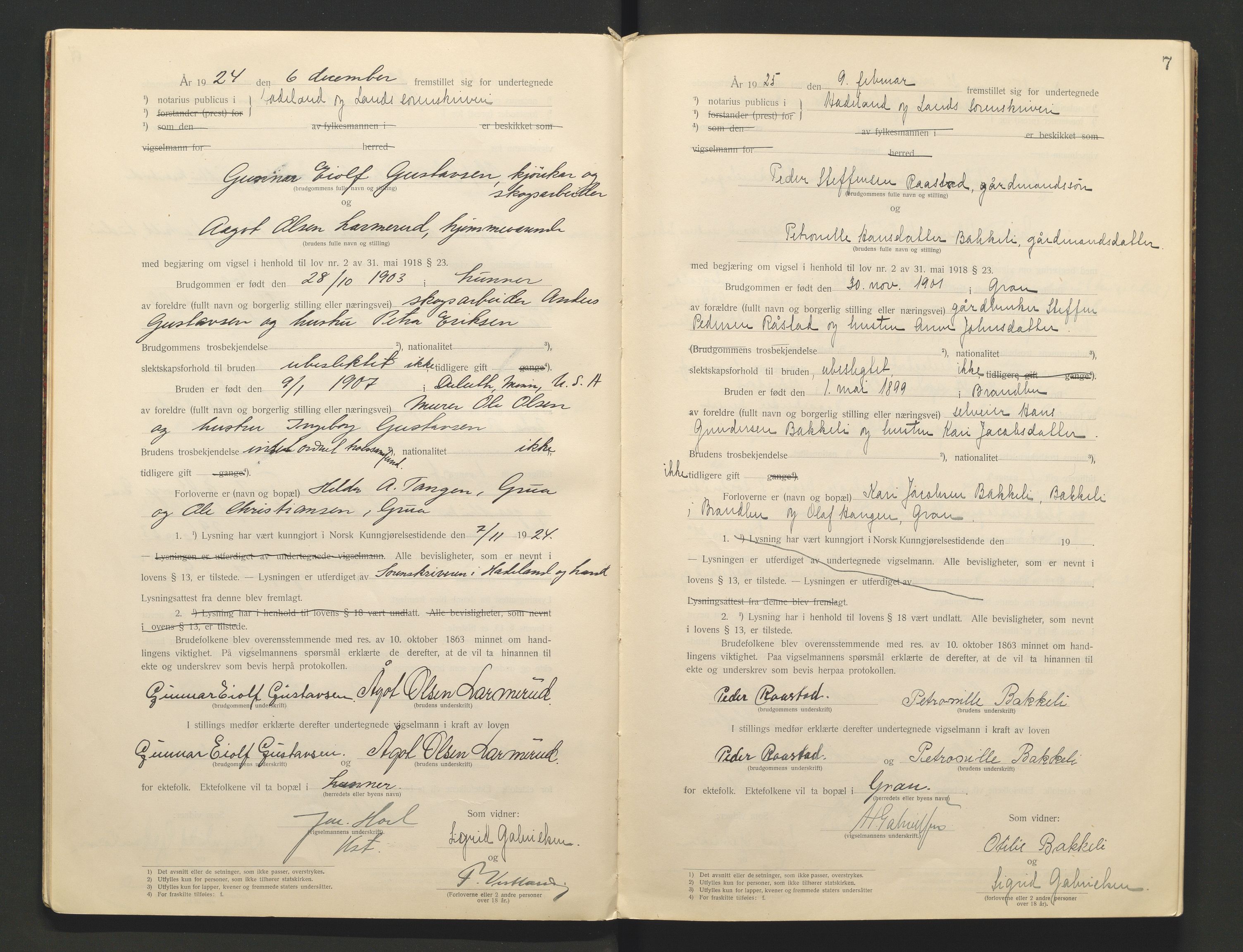 Hadeland og Land tingrett, AV/SAH-TING-010/L/Lb/L0001: Vigselbok, 1920-1943, s. 7