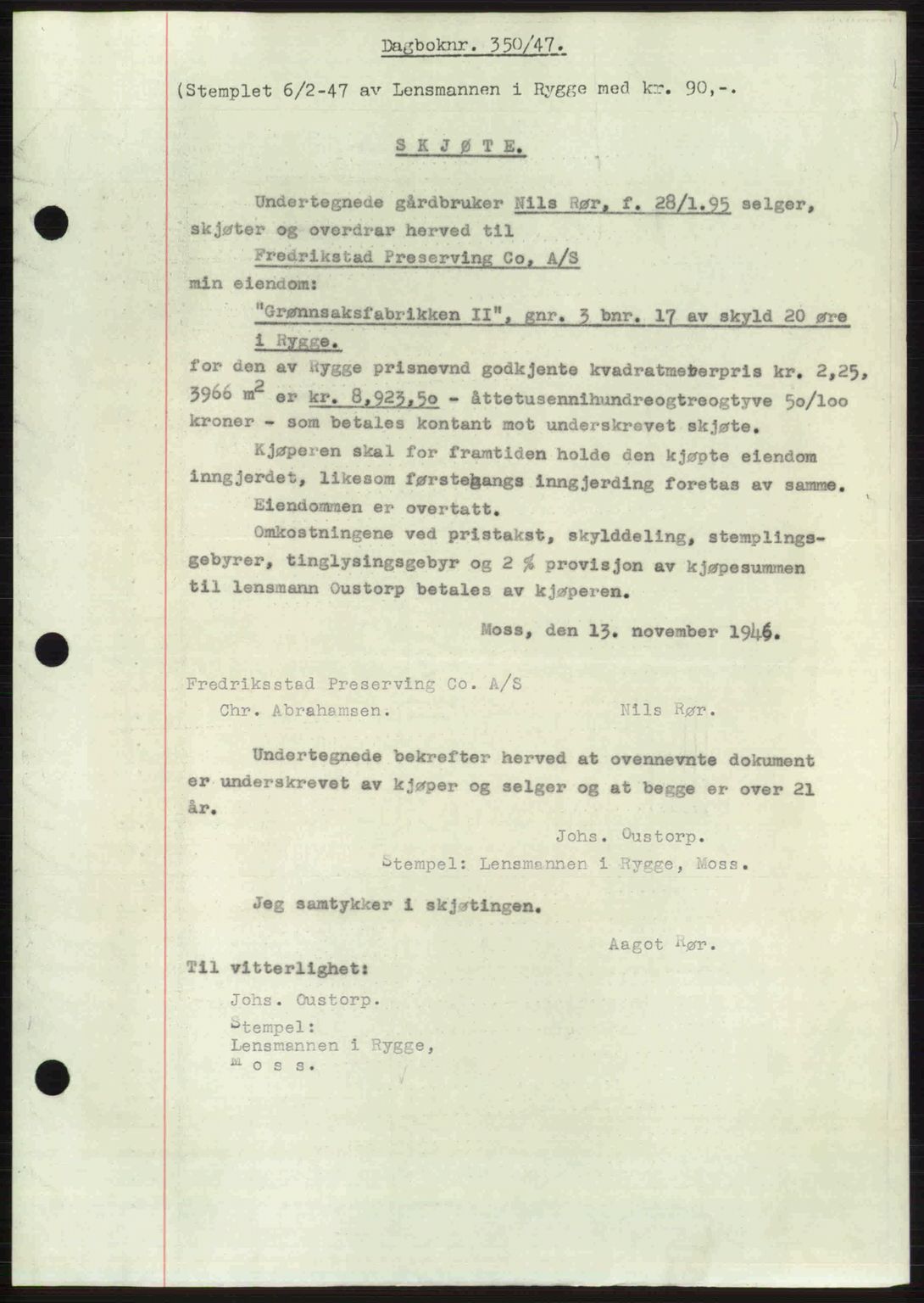 Moss sorenskriveri, SAO/A-10168: Pantebok nr. A17, 1947-1947, Dagboknr: 350/1947