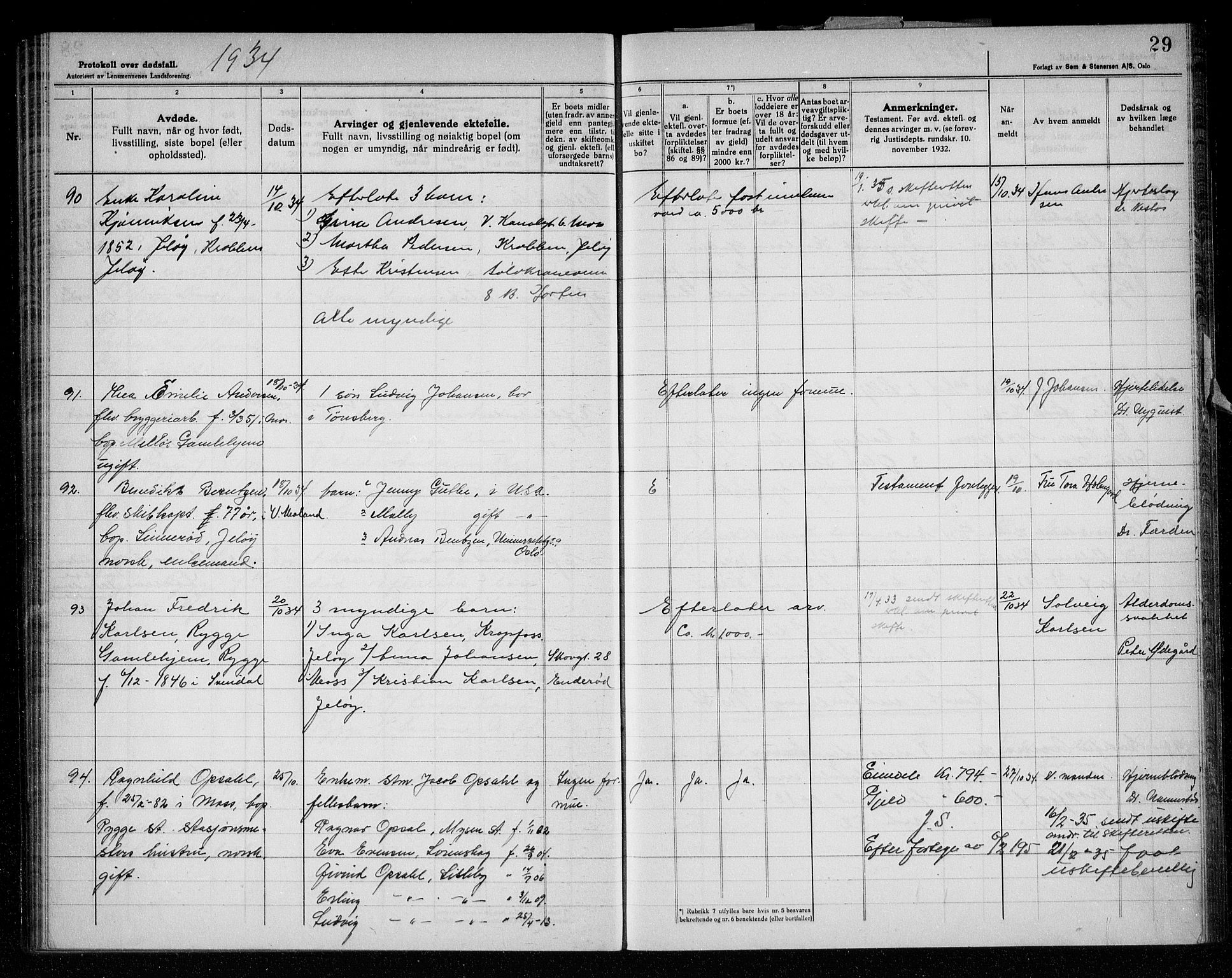 Rygge lensmannskontor, AV/SAO-A-10005/H/Ha/Haa/L0010: Dødsfallsprotokoll, 1933-1937, s. 29
